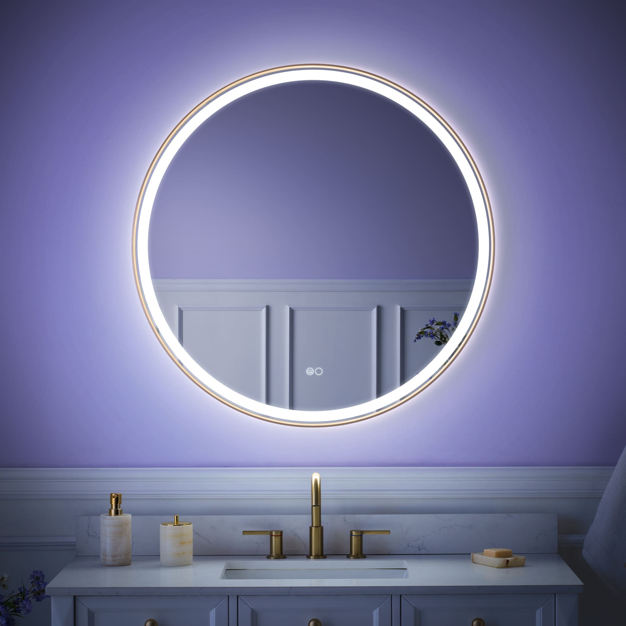 WELLFOR W9RD3636BG Bonie 36-in x 36-in Framed Round Dimmable LED Lighted Fog Free Bathroom Vanity Mirror ( Brushed Gold )