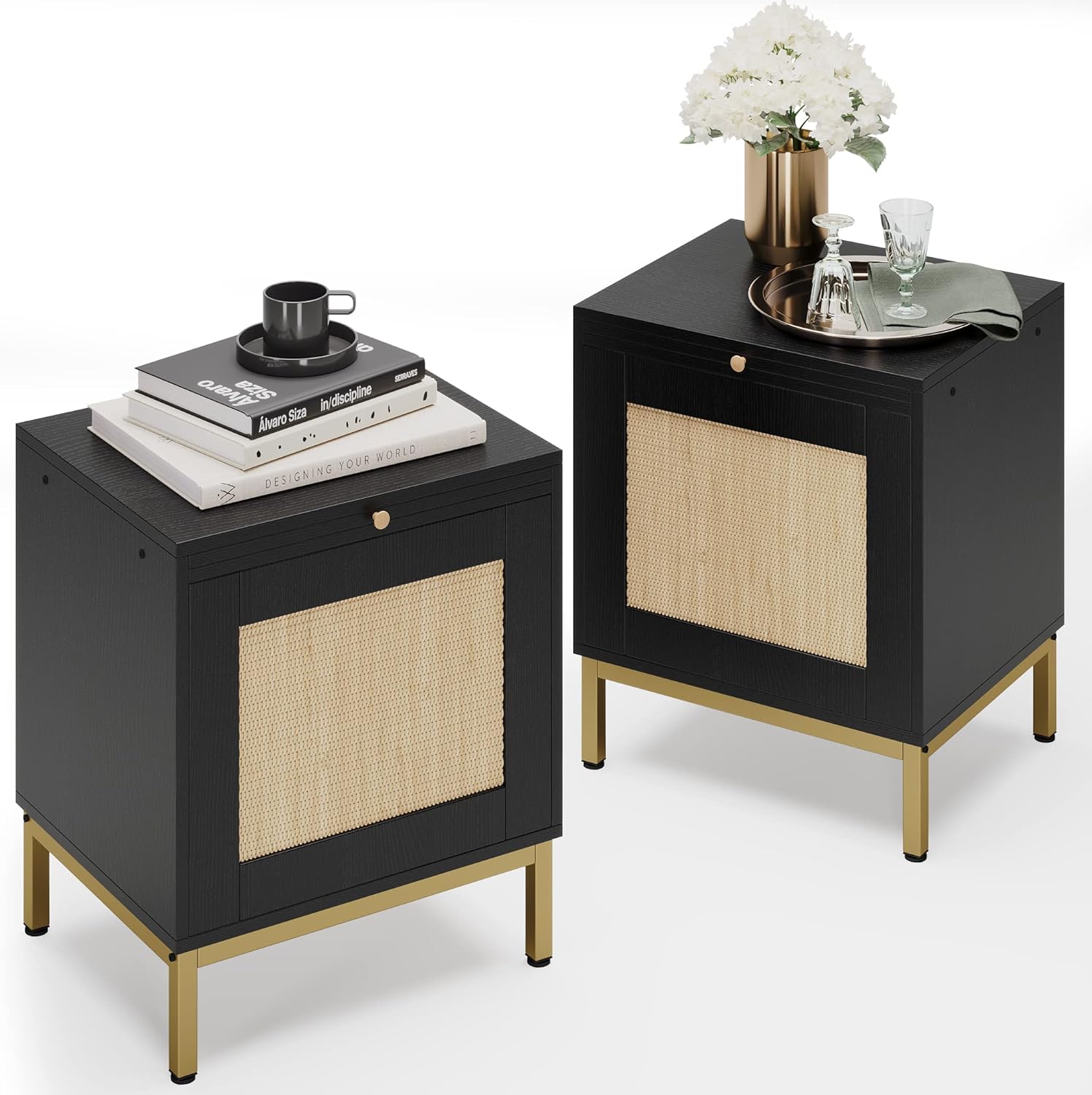 Qeetex LHF-BZ-PHO-0XNDDQ6Y Rattan Night Stands Set 2 Modern Farmhouse Pattern Side Table End Table with Tray Sofa Table with Storage Shelf for Entryway Bedroom Living Room - Black