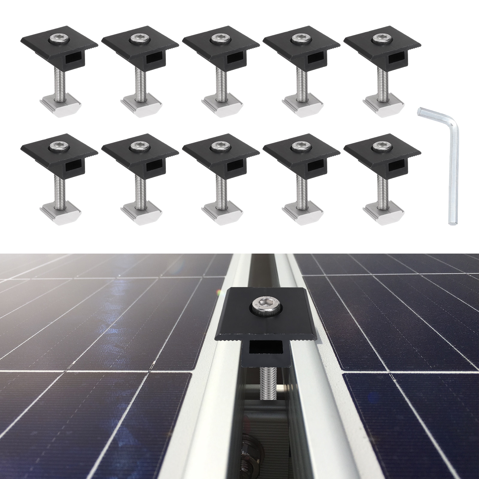 Unique Bargains Solar Panel Mounting Set Aluminum Alloy 10pcs T-Shaped Mid Clamps 40mm Panel Thickness with Hex Wrench for Metal Tin Flat Sheet Roof RV Installation Black #S26061200UX7175