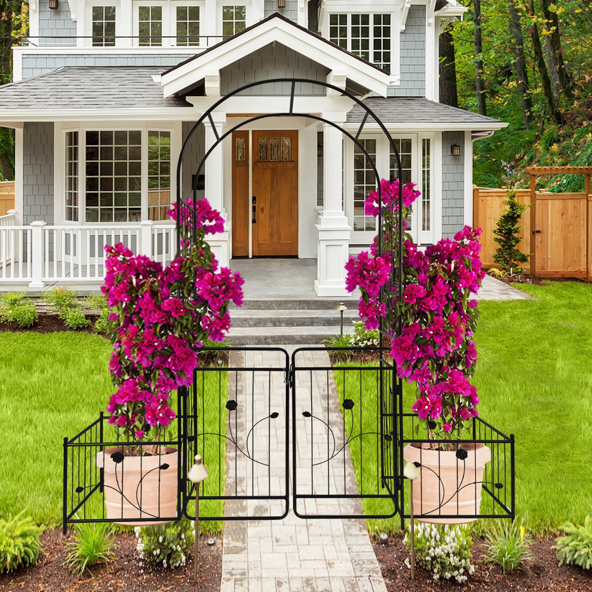 LOVMOR - Metal Garden Arch with Gate 79 5InchWide x 86 6InchHigh Climbing Plants Support Rose Arc...