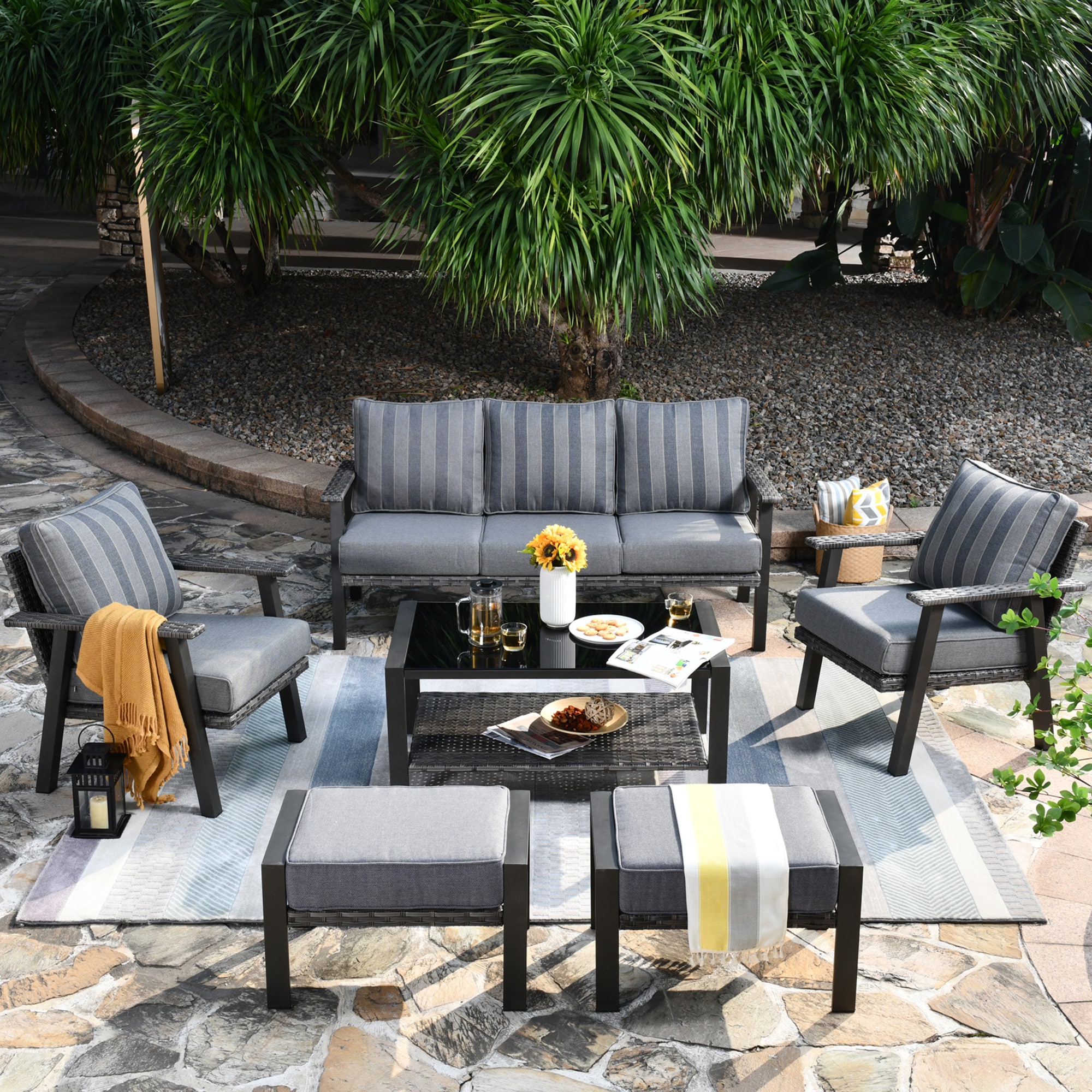 Pouuin SHW20TE06 Hw 6-Piece Rattan Patio Conversation Set with Gray Cushions