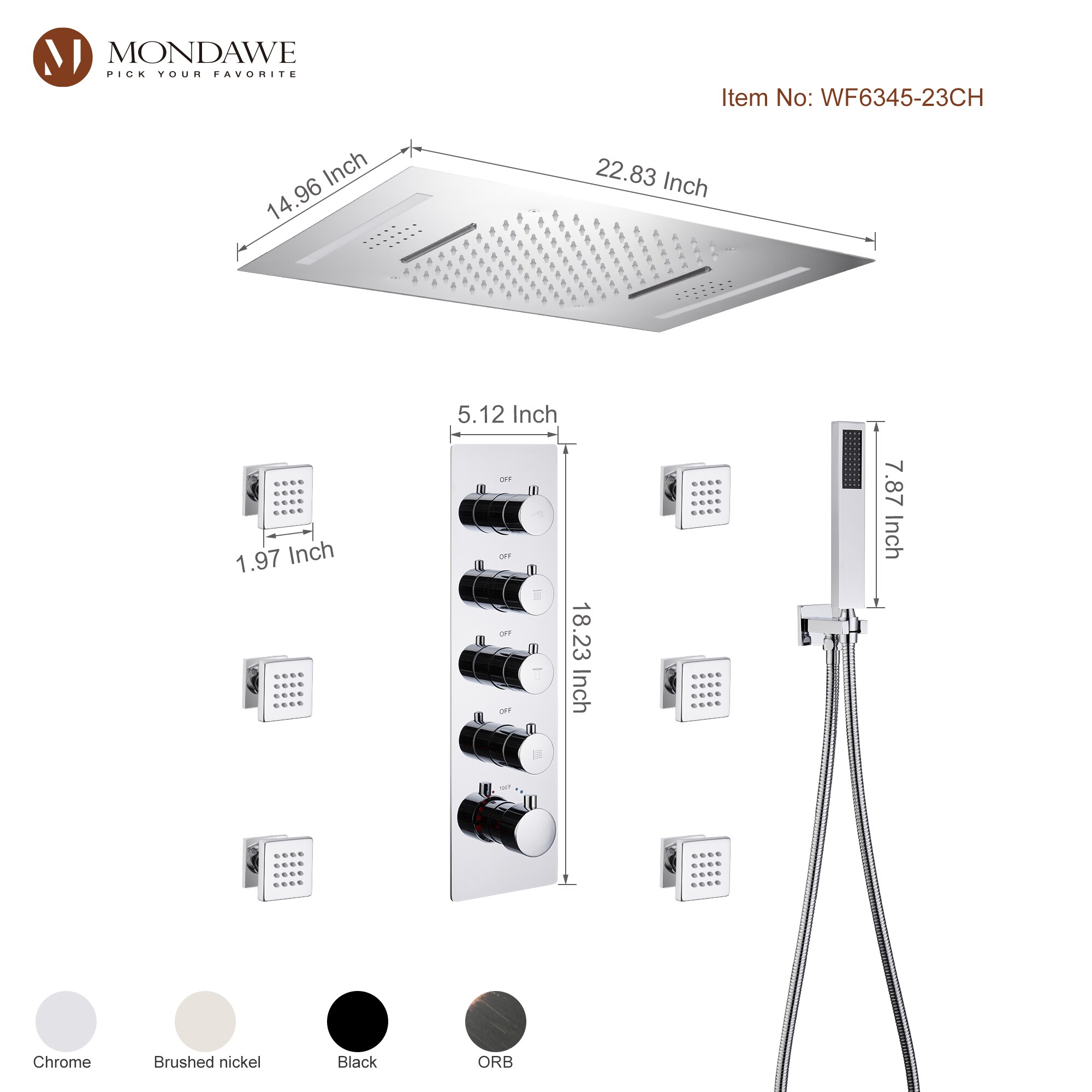 Mondawe WF6345-23CH Showerhead-Bar-Panels - View #11