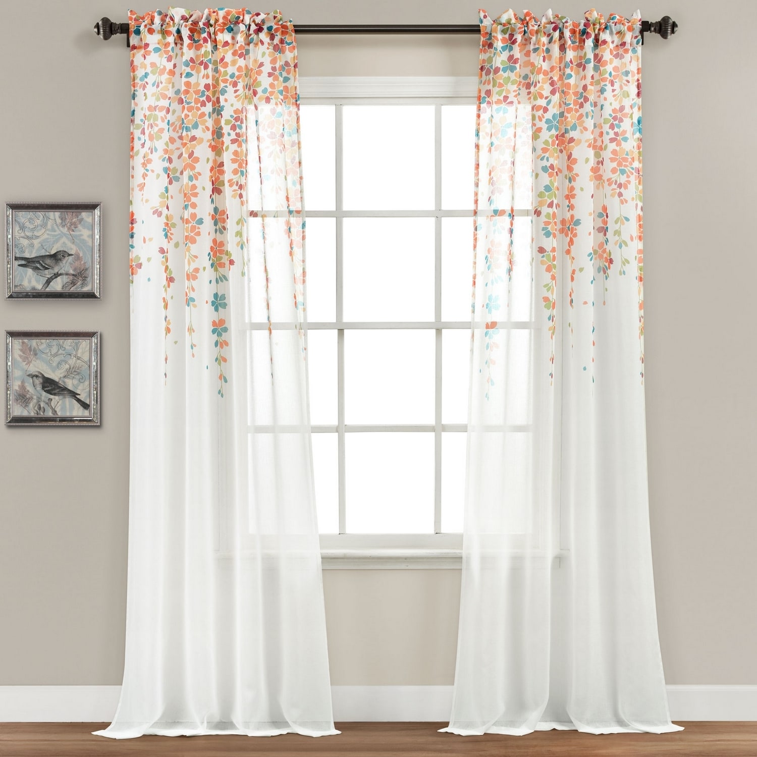 Lush Decor 16T007297 84-Inches Turquoise Floral Sheer Rod pocket Curtain panel pair