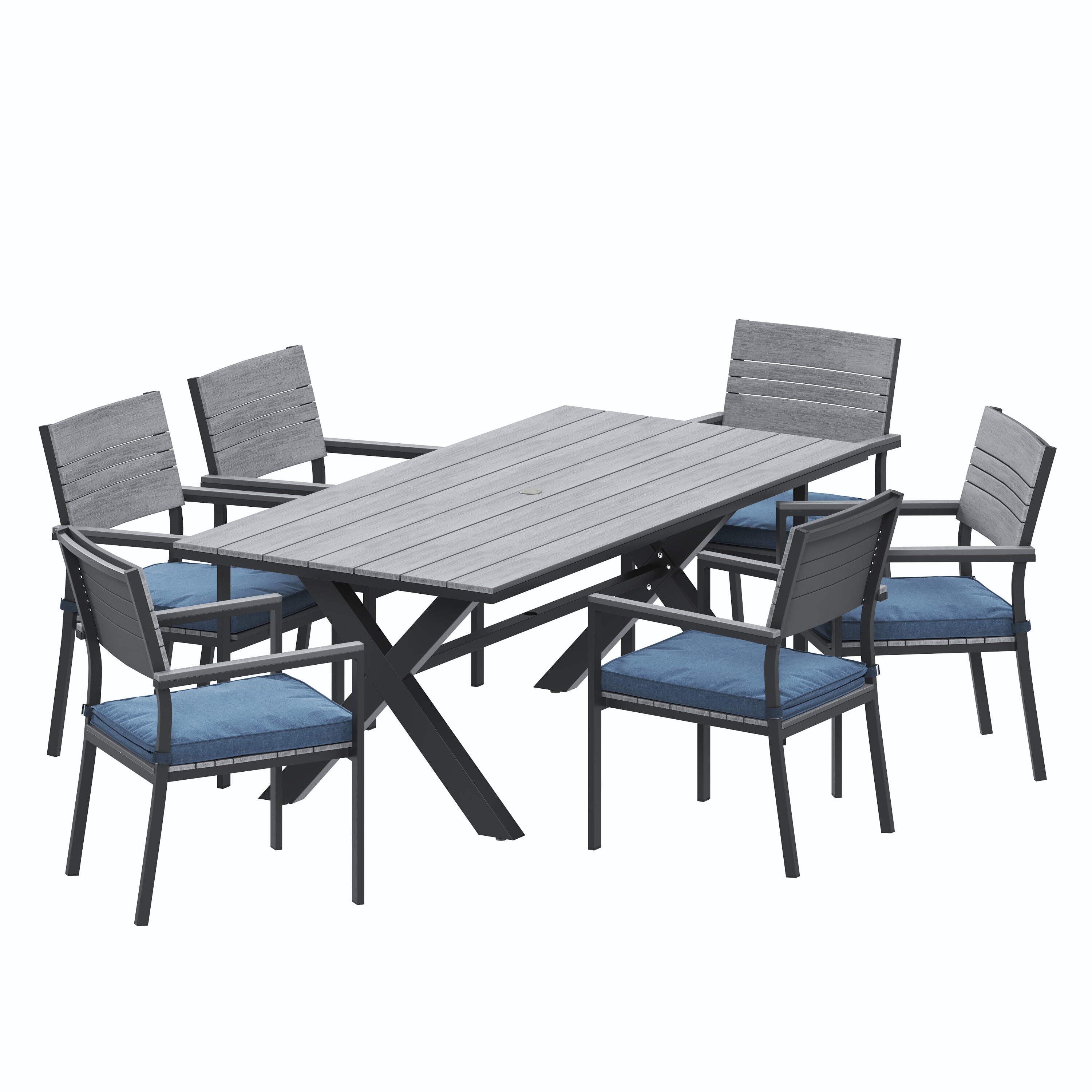 Octans SL2C00075 Audie 7 -Piece Black Patio Dining Set Aluminum Rectangle Table with 6 Navy Cushions Stationary Chairs
