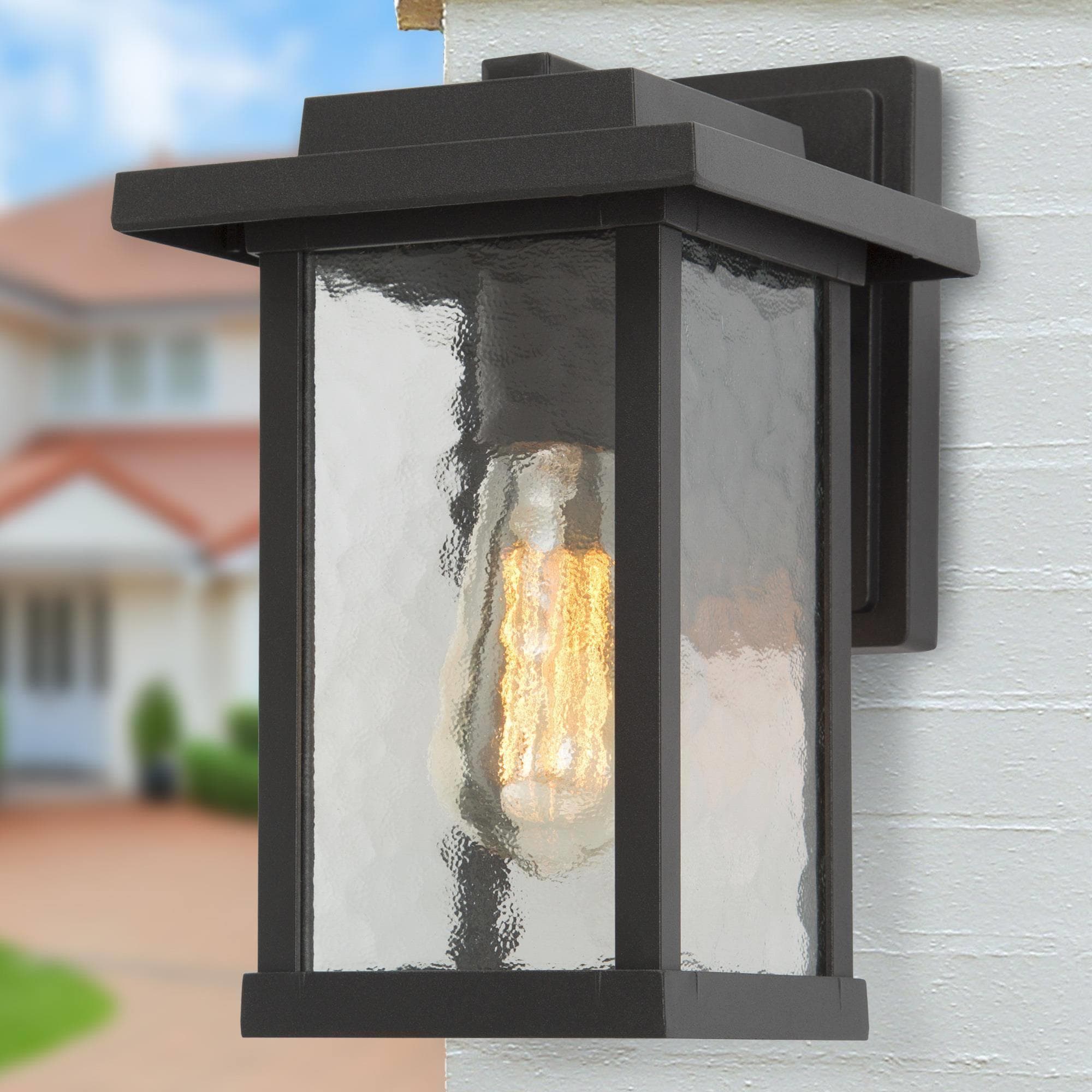 LNC Pict 1-Light 11-in Sand Black and Water Glass Outdoor Wall Light in ...