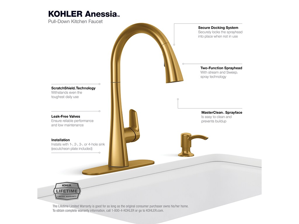 Kohler Anessia Vibrant Brushed Moderne Brass Single Handle Pull Down Kitchen Faucet With Sprayer 5578