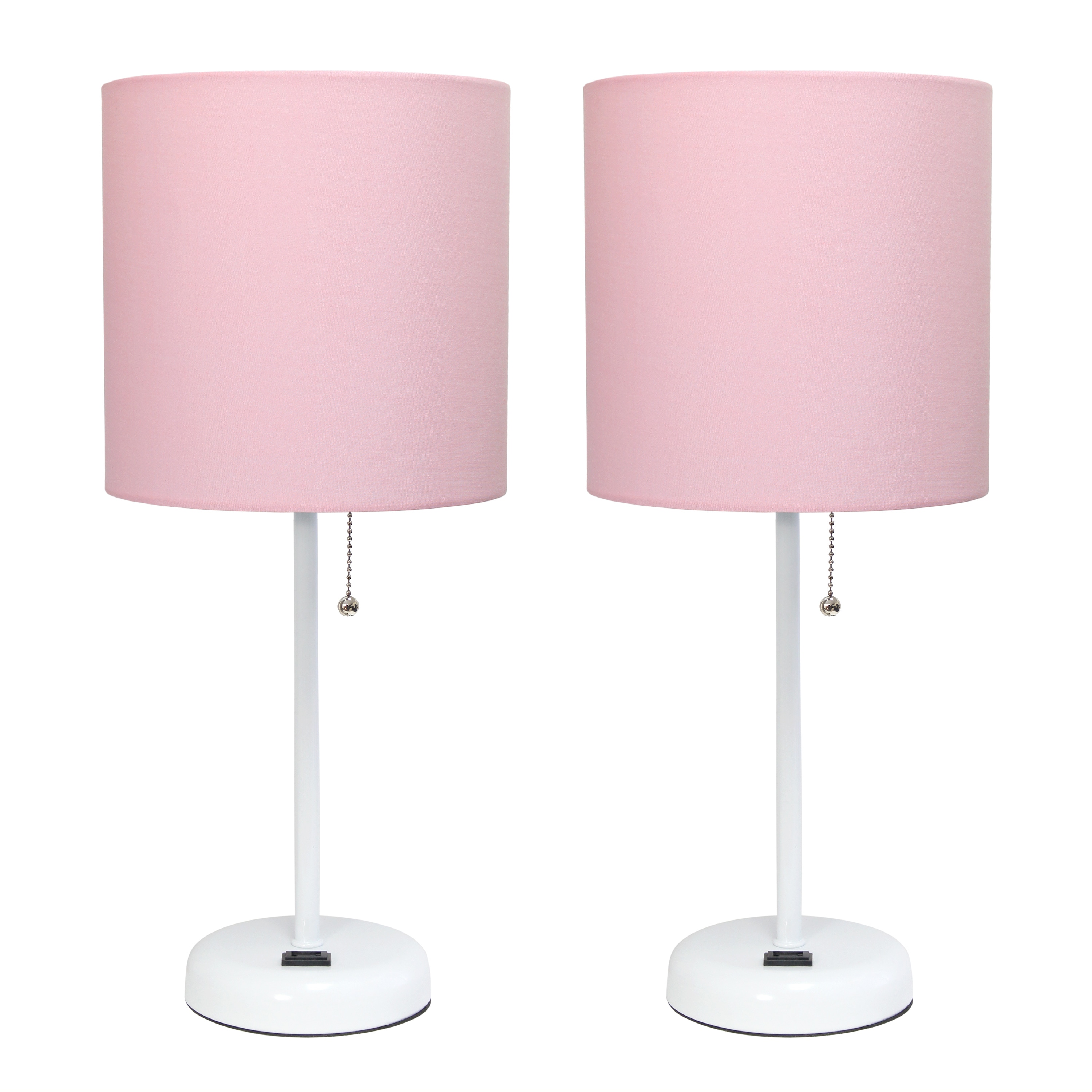 Simple Designs LT2024-POW-2PK 19.5-in White/Light Pink Shade LED Pull-chain Table Lamp with Fabric Shade 2 -Set