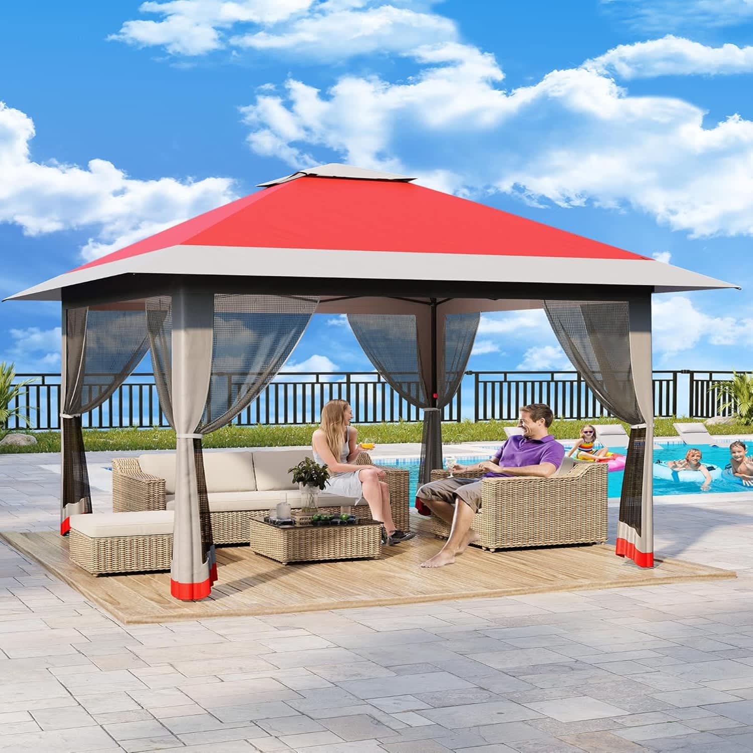 Qeetex LSHQQPHO-12C3LEW2 13X13FT Instant Pop-Up Gazebo - Mosquito Netting Adjustable Height Double Roof Design UV-ResistantRed+light Gray