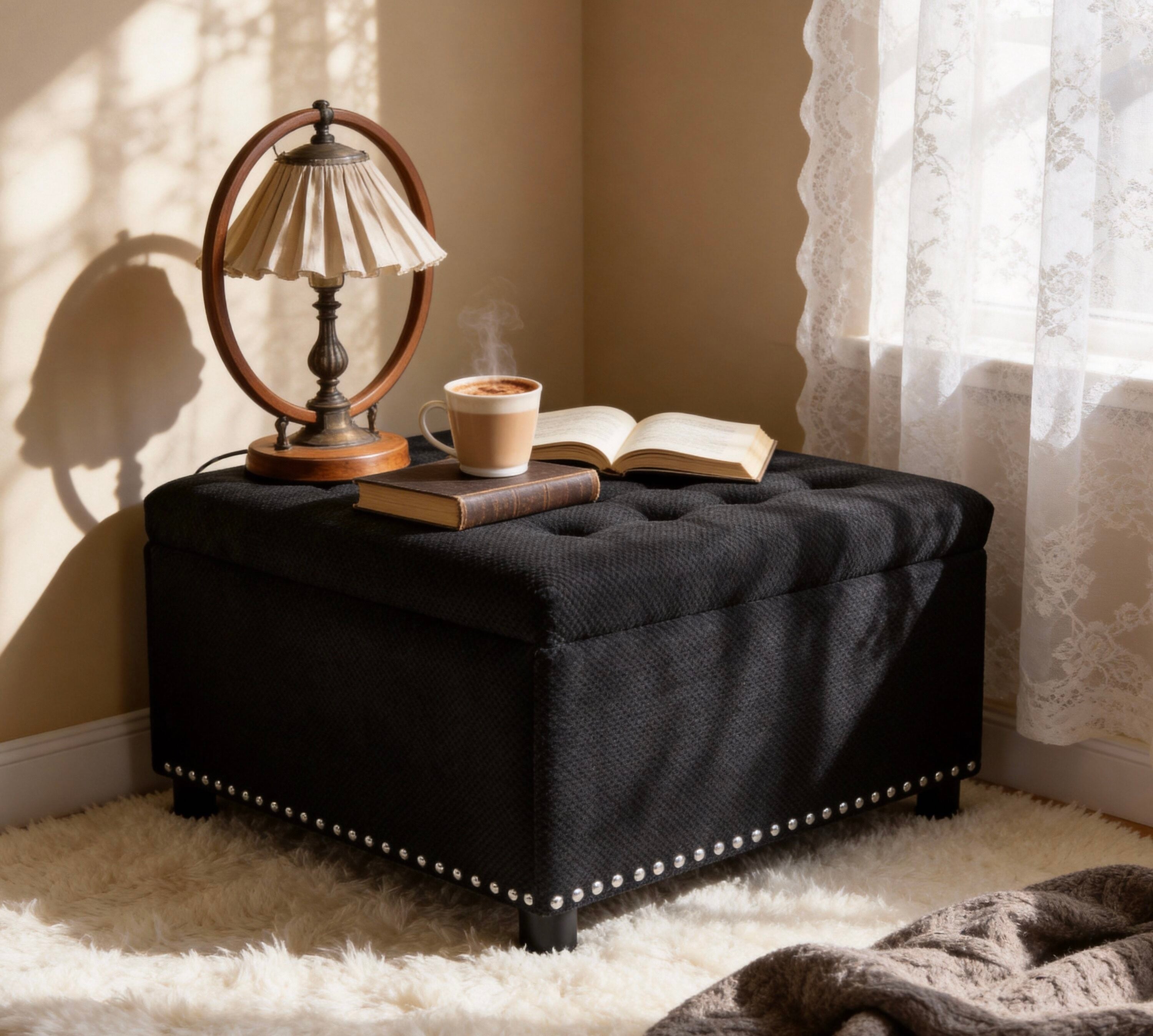 GDFStudio Storage Ottoman Tufted Footstool Nailhead Trim Ottoman Square Storage Ottoman Upholstered Coffee Table Bedroom Storage Living Room Black