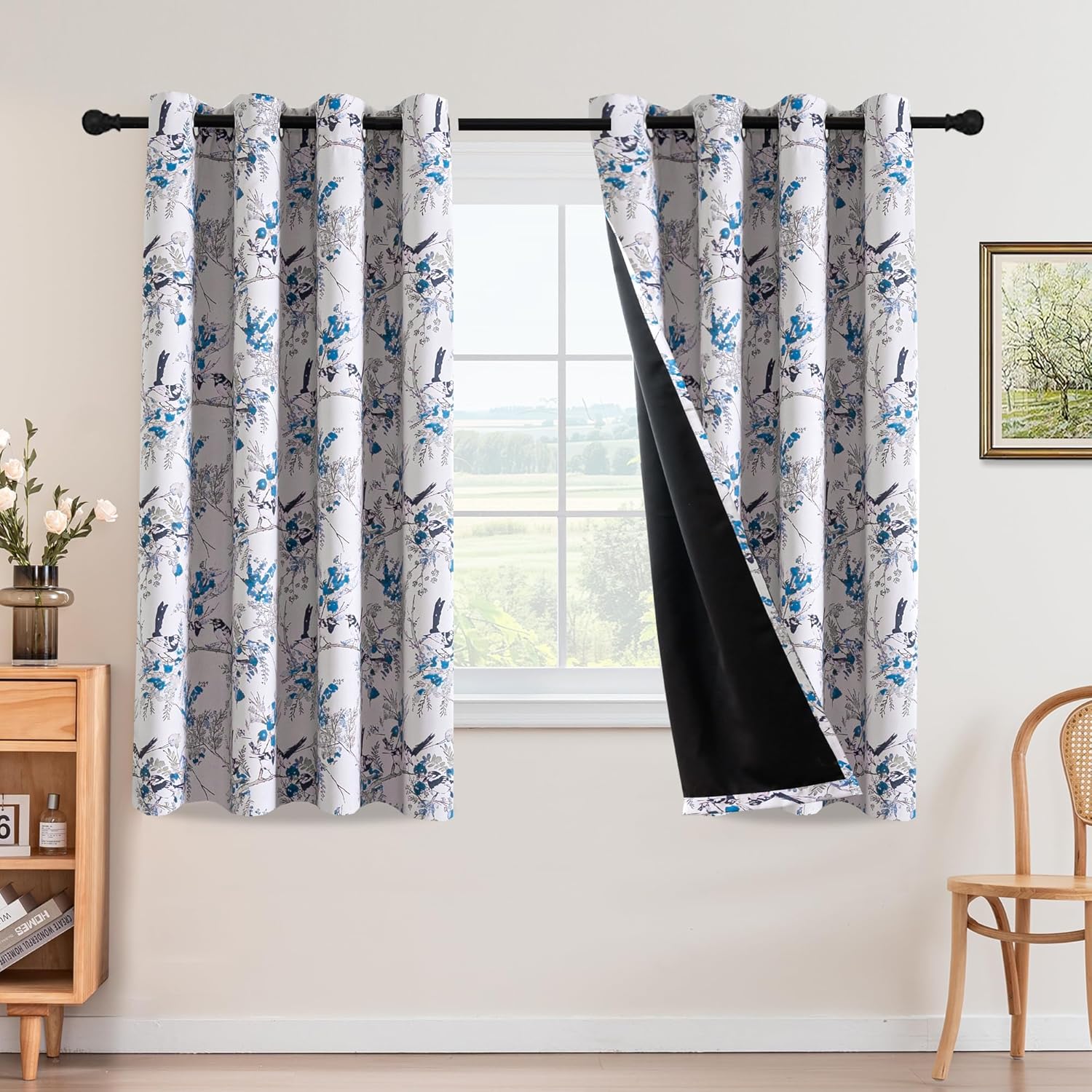 H.Versailtex - Premium Blackout Floral Print Curtain Panel Pair Grommet Top 52W x 63L Blue Black