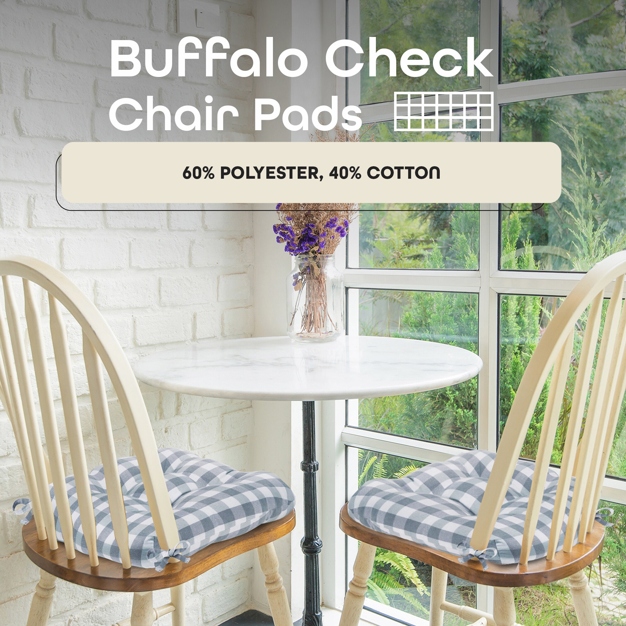 Gray Buffalo Check Tufted Chair Seat Cushions, Set of 2