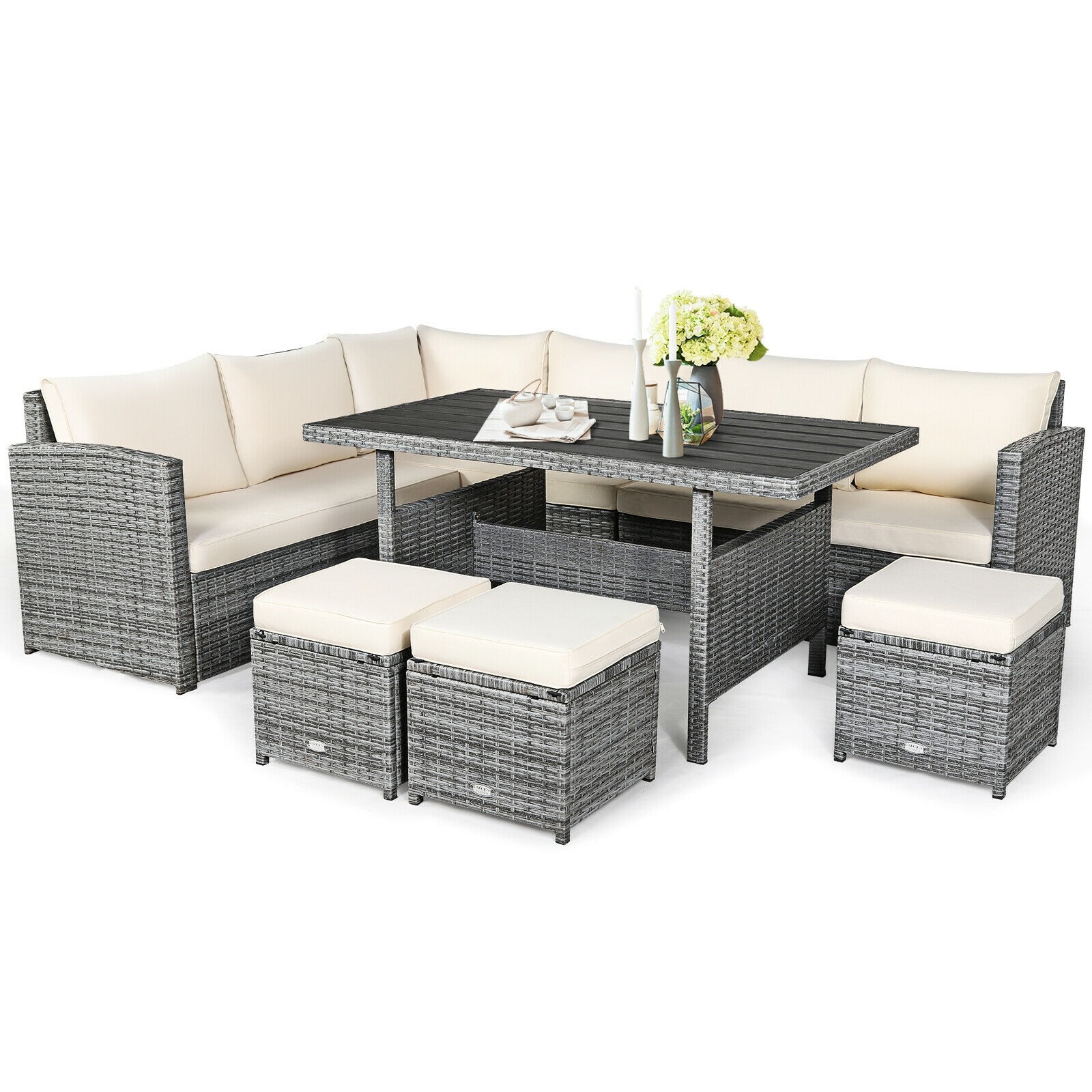 7 Pieces Patio Rattan Beige Dining Furniture Sectional Sofa Set with Wicker Ottoman | - Forclover HYFAS18WH