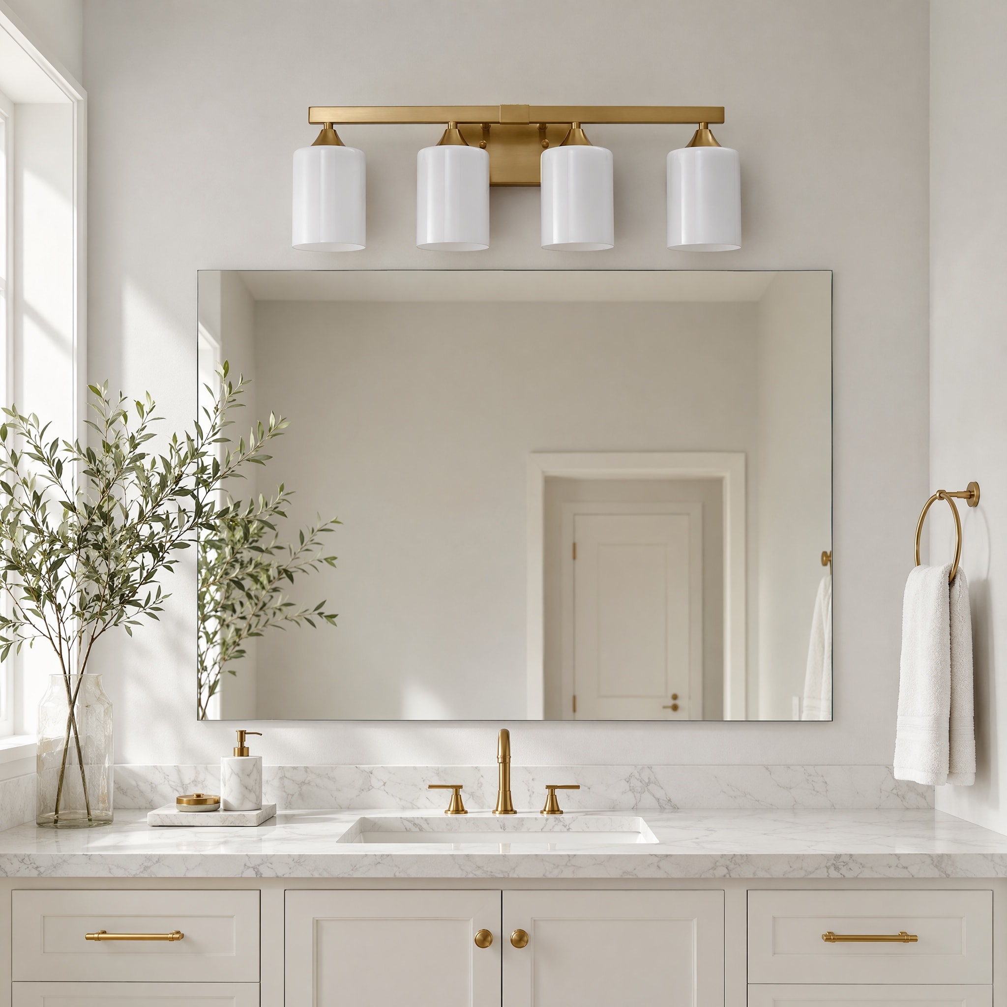 JUSHUA - 4-Light Brushed Gold Bathroom Vanity Wall Light with Frosted White Cylinder Glass Shades...
