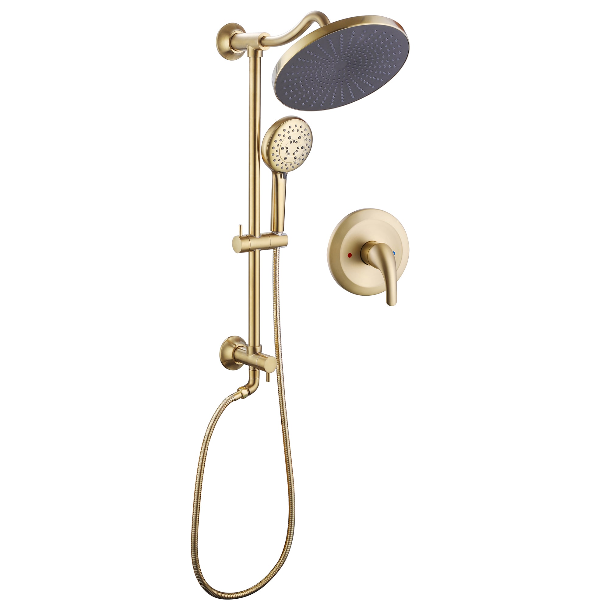 Royal Guard LSFJK0112 Brushed Gold 10-in Waterfall Dual Head Shower Faucet Bar System with 5-way Diverter ( Pressure-balanced Valve Included )