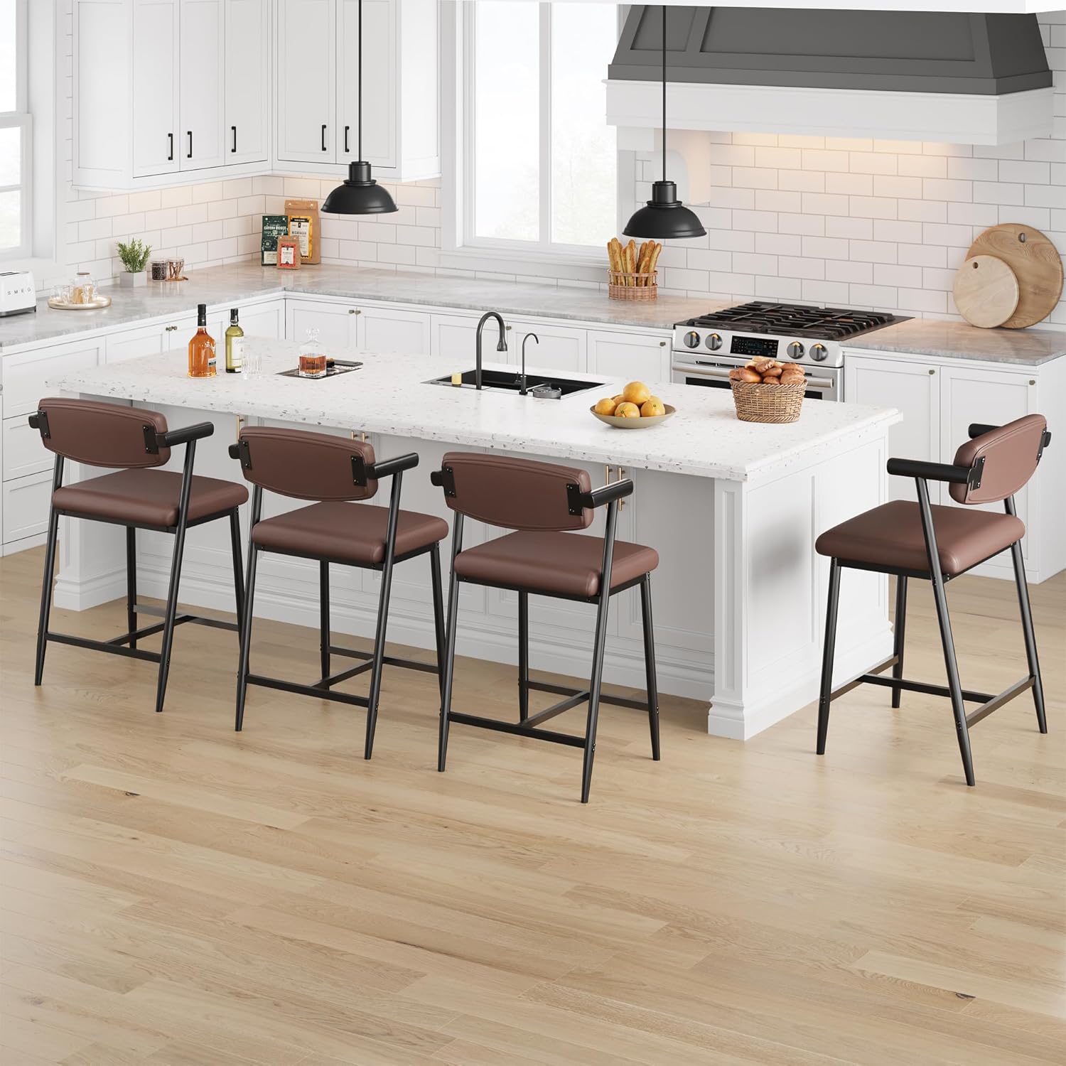 Qeetex LHF-YZ-PHO-16954DXY Bar Stools Set of 4 - 26.5inch Upholstered Counter Height Bar Stools for 2 with Armrest - Wider Thickened Cushion - Bar Chairs with Backrest for Bar/Dining Room/Kitchen - Retro Brown