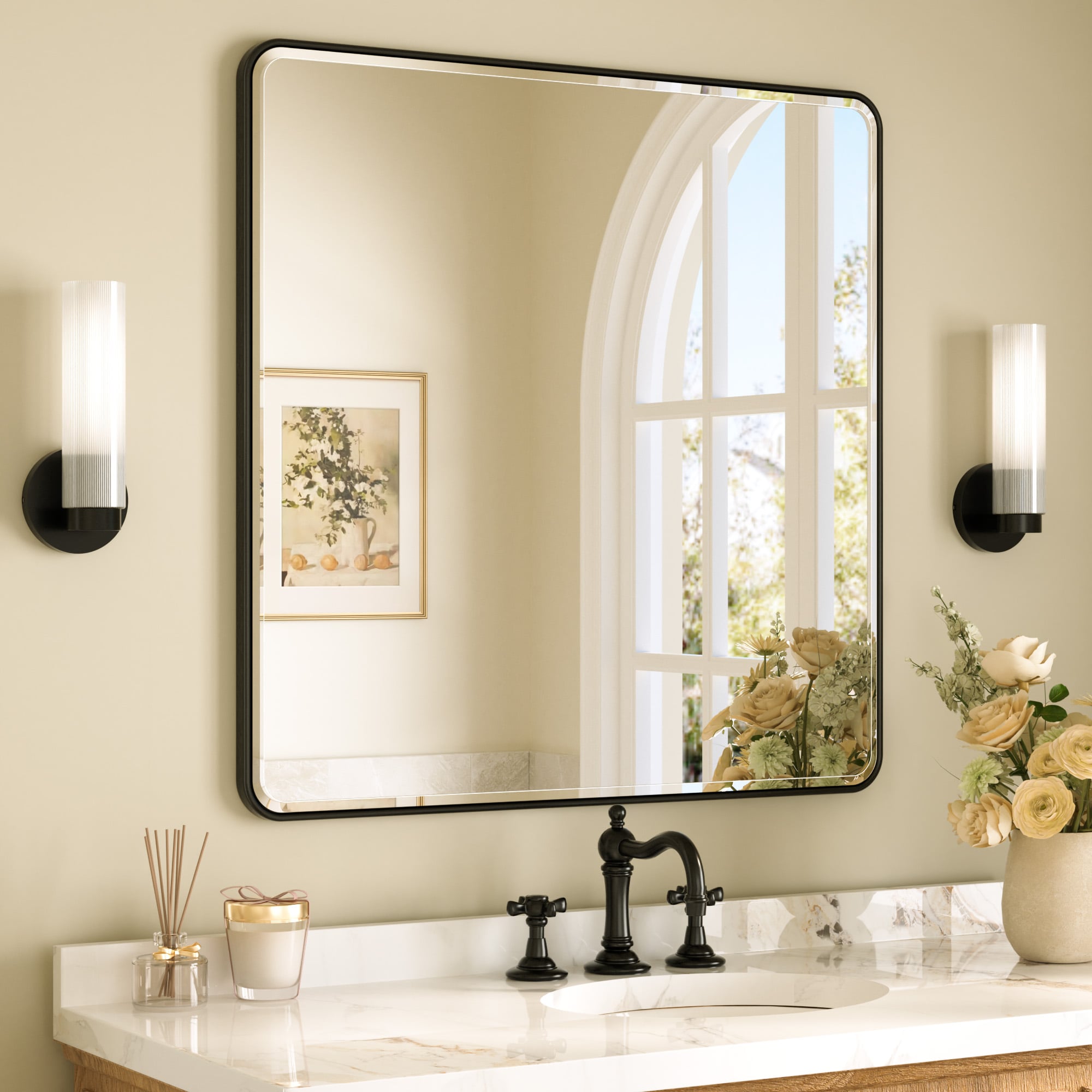 TETOTE 36x36 Inch Matte Black Framed Rectangle Bathroom Vanity Mirror #LSC-TE-3636BK-B82