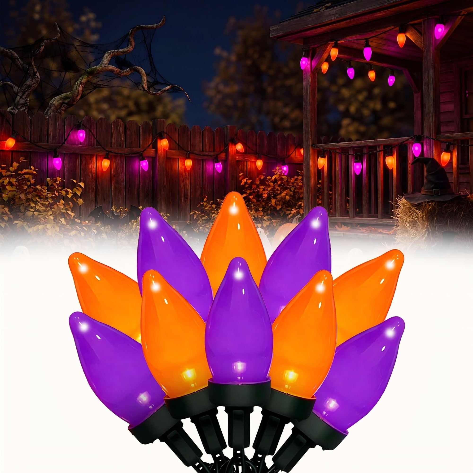 Angel Sar 26 Feet 50 Count Purple Orange C7 LED Halloween String Lights with Black Wire for Indoor Outdoor Patio Home Party Garden Yard Decor