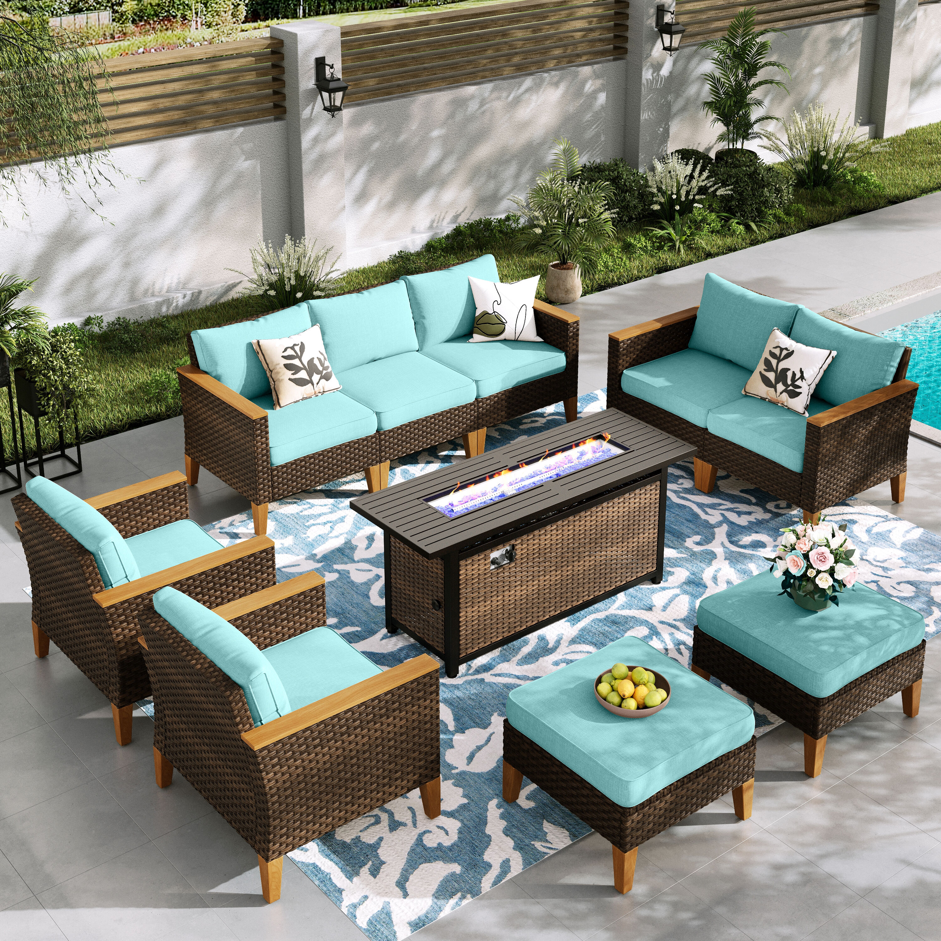 Sunshine Valley CR006-06-9-GS103-BU Patio Furniture Set with Fire Pit 6 -Piece Wicker Patio Sofa Conversation Set with Blue CUSHION PRO Cushions