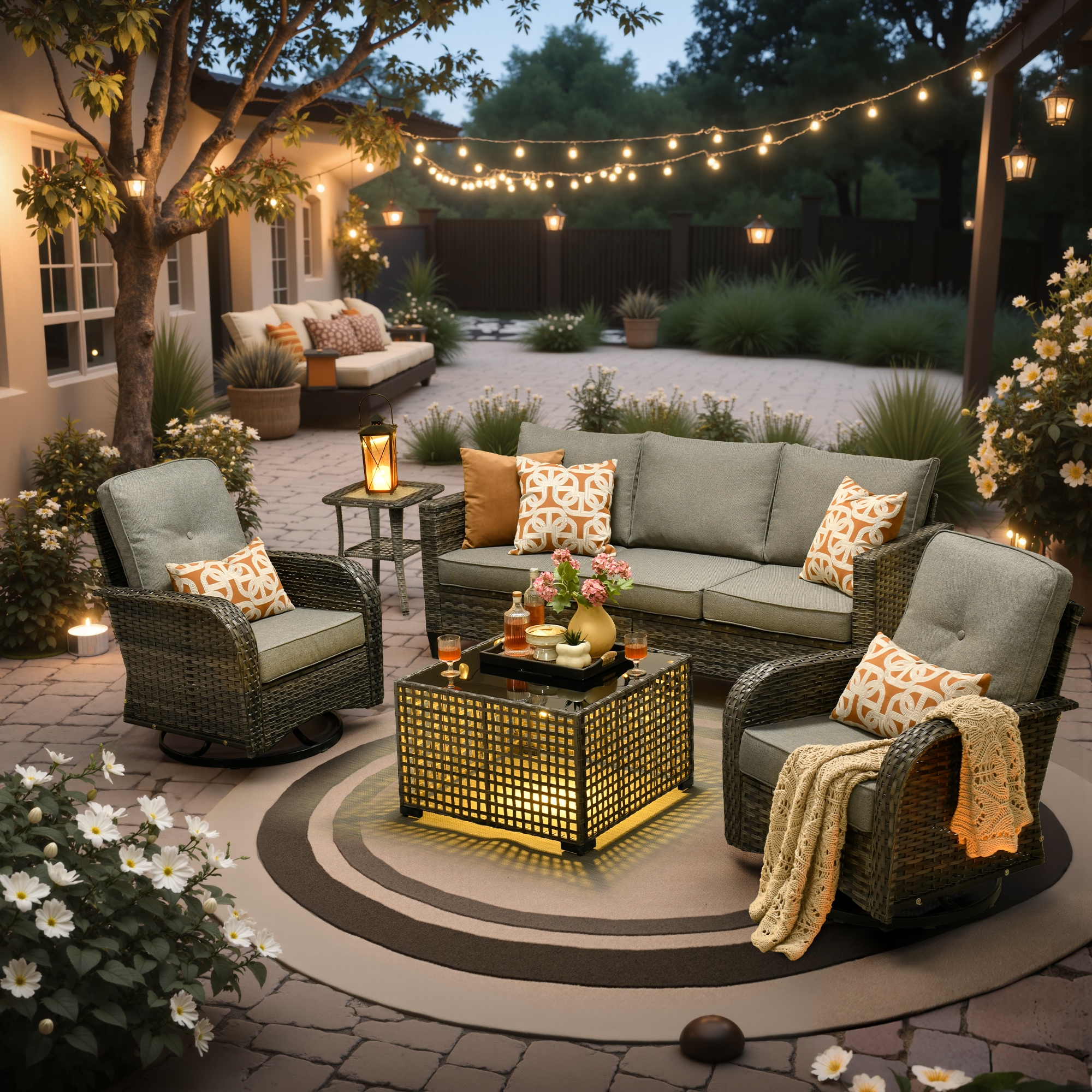 XIZZI XINGRS2052-T Sapphire 5 -Piece Rattan Patio Sofa Conversation Set with Dark Gray Cushions