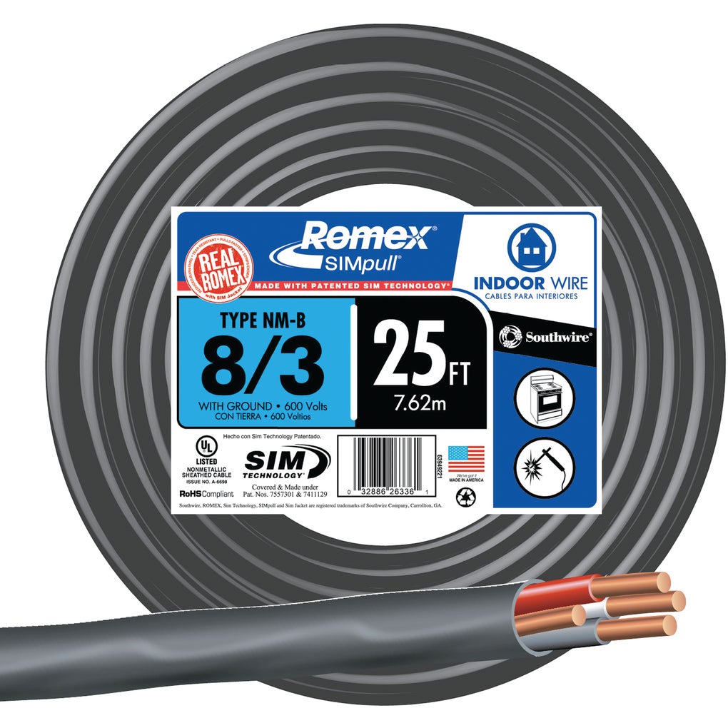 Woods Southwire 63949221 25' 8/3 NM-B Romex Indoor Electrical Wire