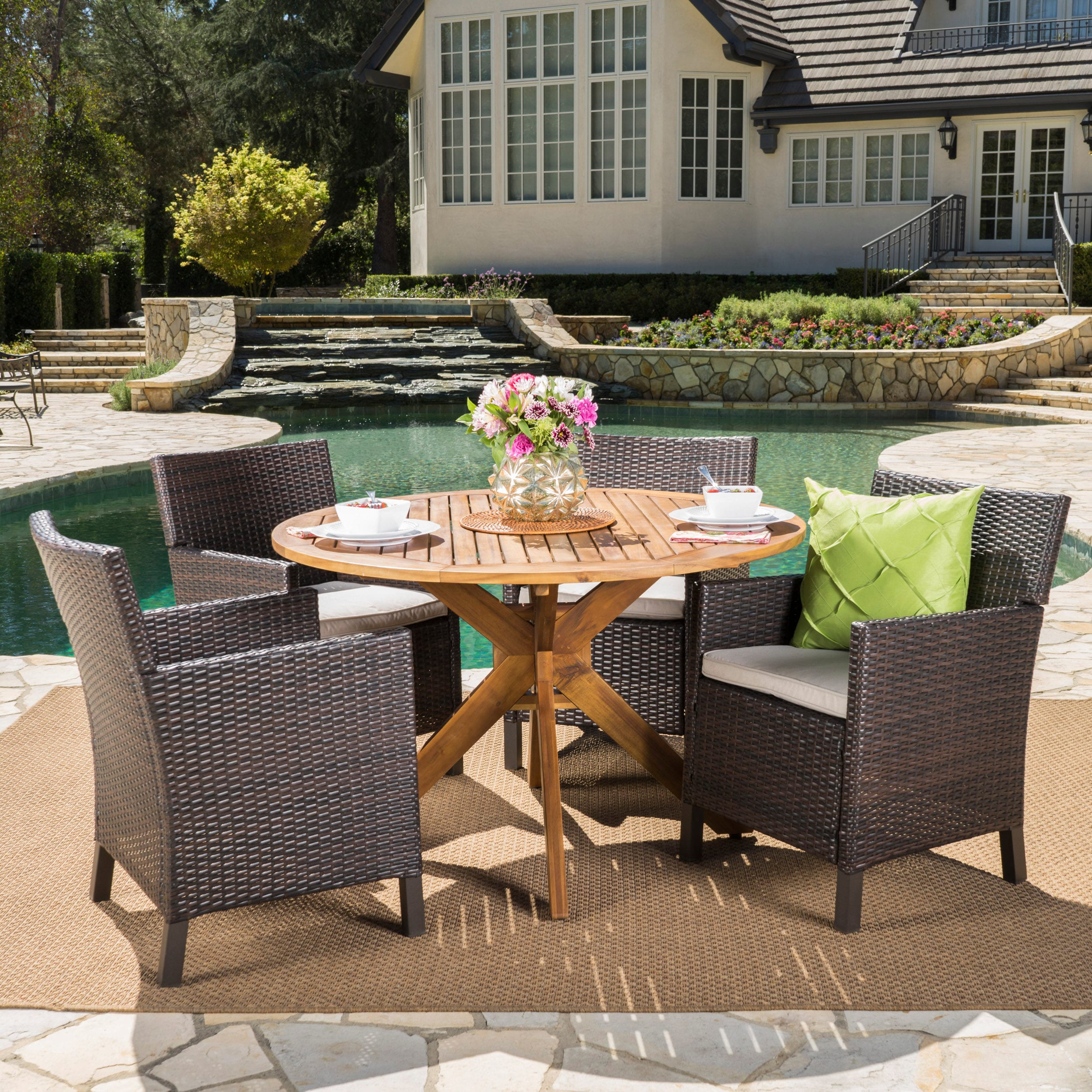 Christopher Knight Home 302350 Wes Outdoor 5 Piece Multibrown Wicker Dining Set with Teak Finished Round Acacia Wood Table and Light Brown Water Resistant Cushions