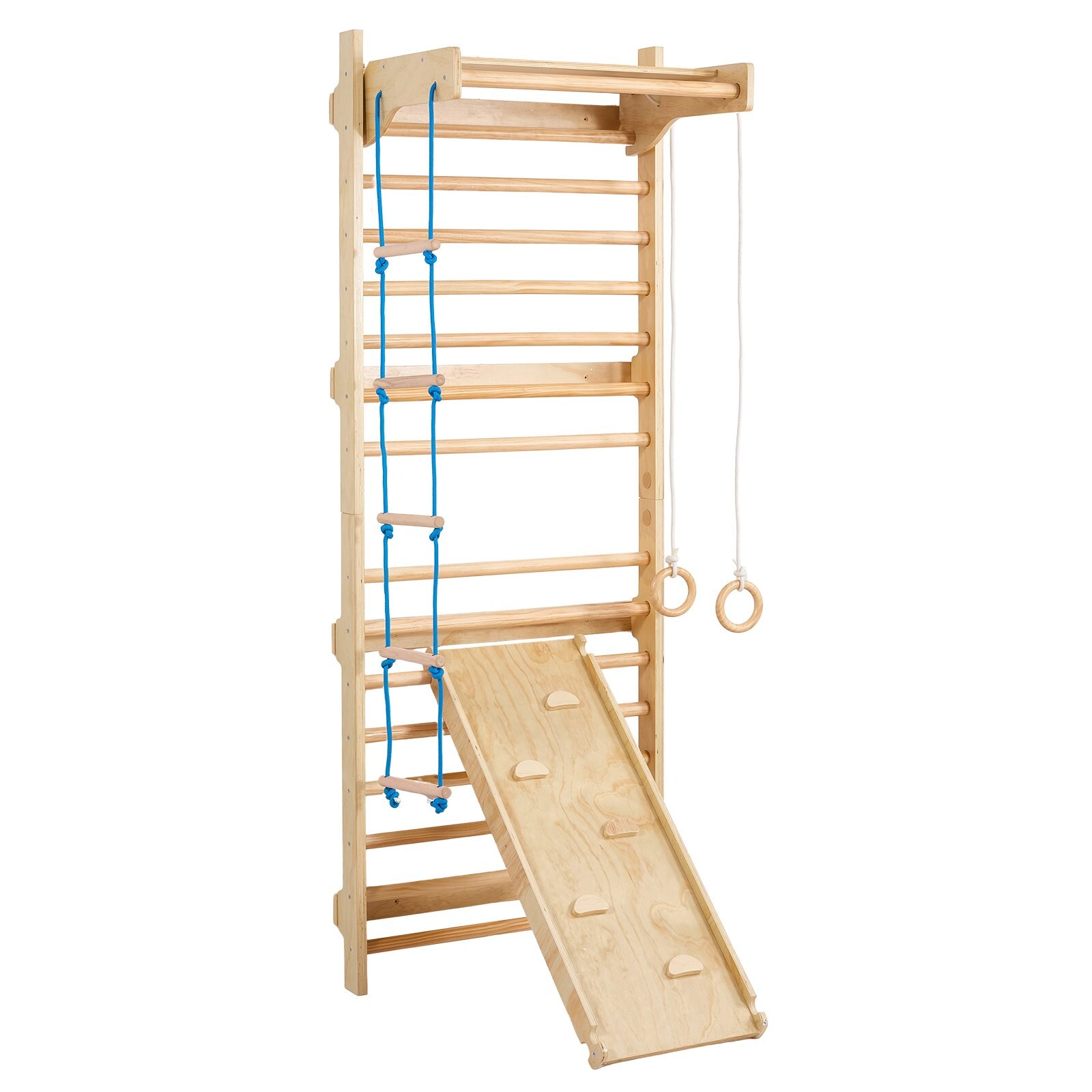 Slickblue Kids Wooden Wall Ladder Climbing Gym Set with 5 in 1 Pull Up Bar Rings and Rope Ladder for Bedrooms Preschools or Playrooms