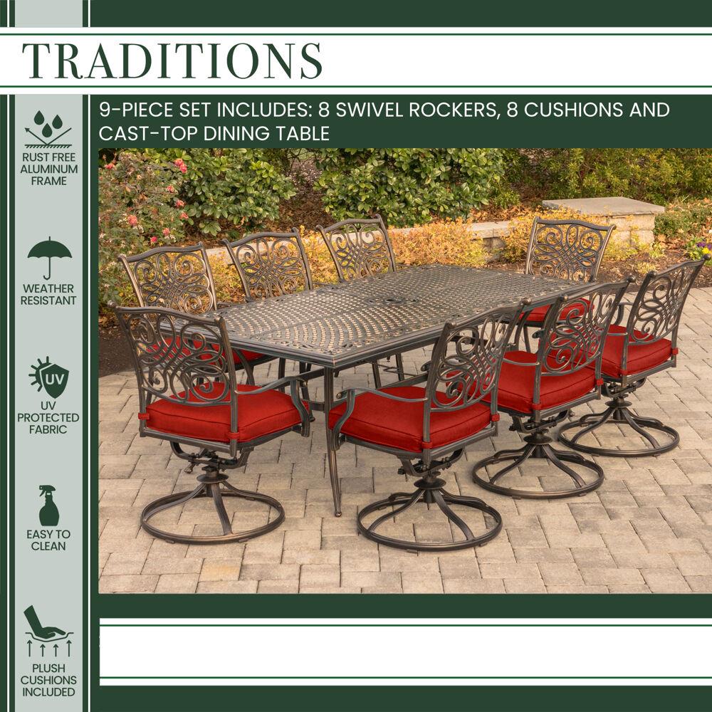 Hanover 9-Piece Bronze Aluminum Outdoor Dining Set with Red Cushions