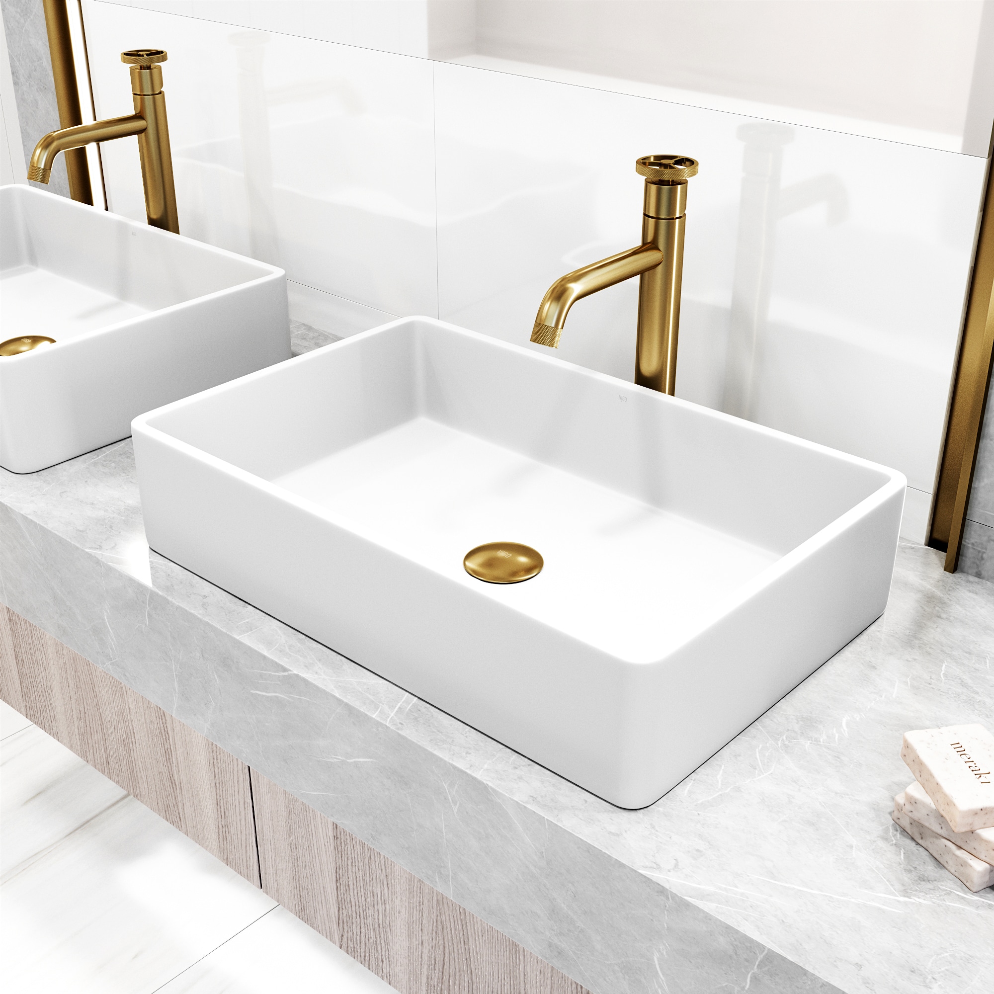 VIGO VGT2044 Magnolia Concrete 21-in Vessel Rectangular Modern White Bathroom Sink with Faucet Included with Drain Included
