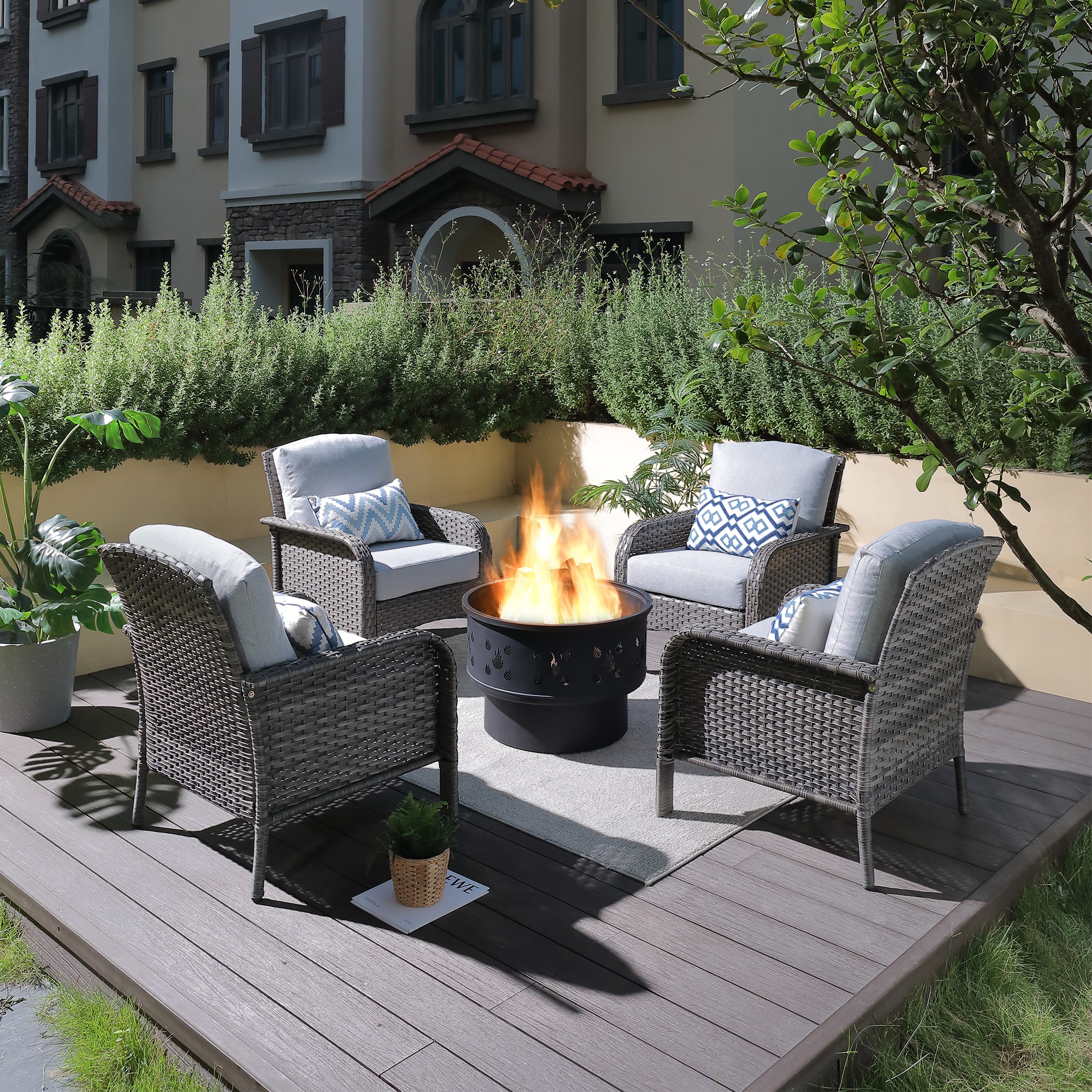 XIZZI XIGNDS403-YMFP Chrysoberyl 5-Piece Rattan Patio Conversation Set with Gray Cushions