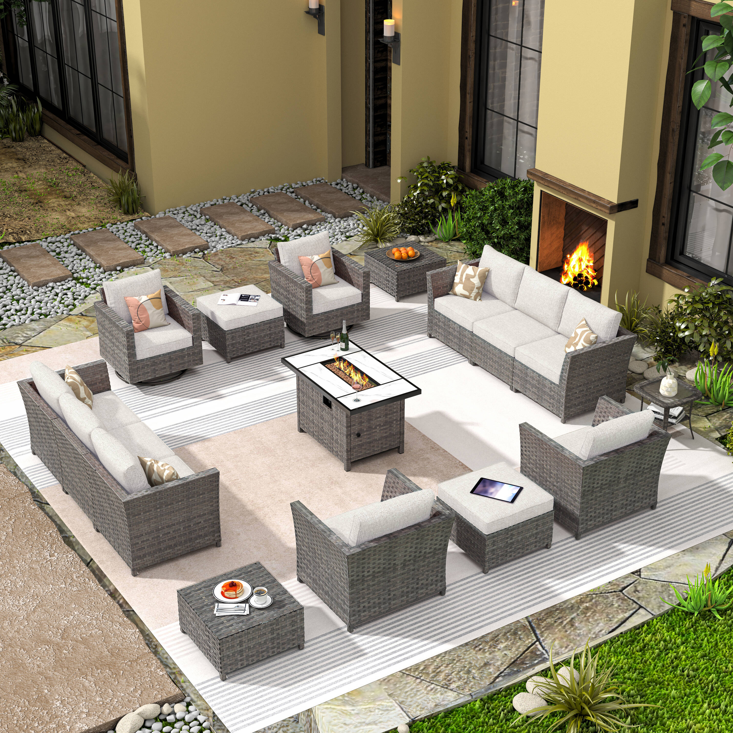 weaxty HMBCFPYZBRS6015 Omiga 16 -Piece Rattan Patio Conversation Set with Off-white Cushions