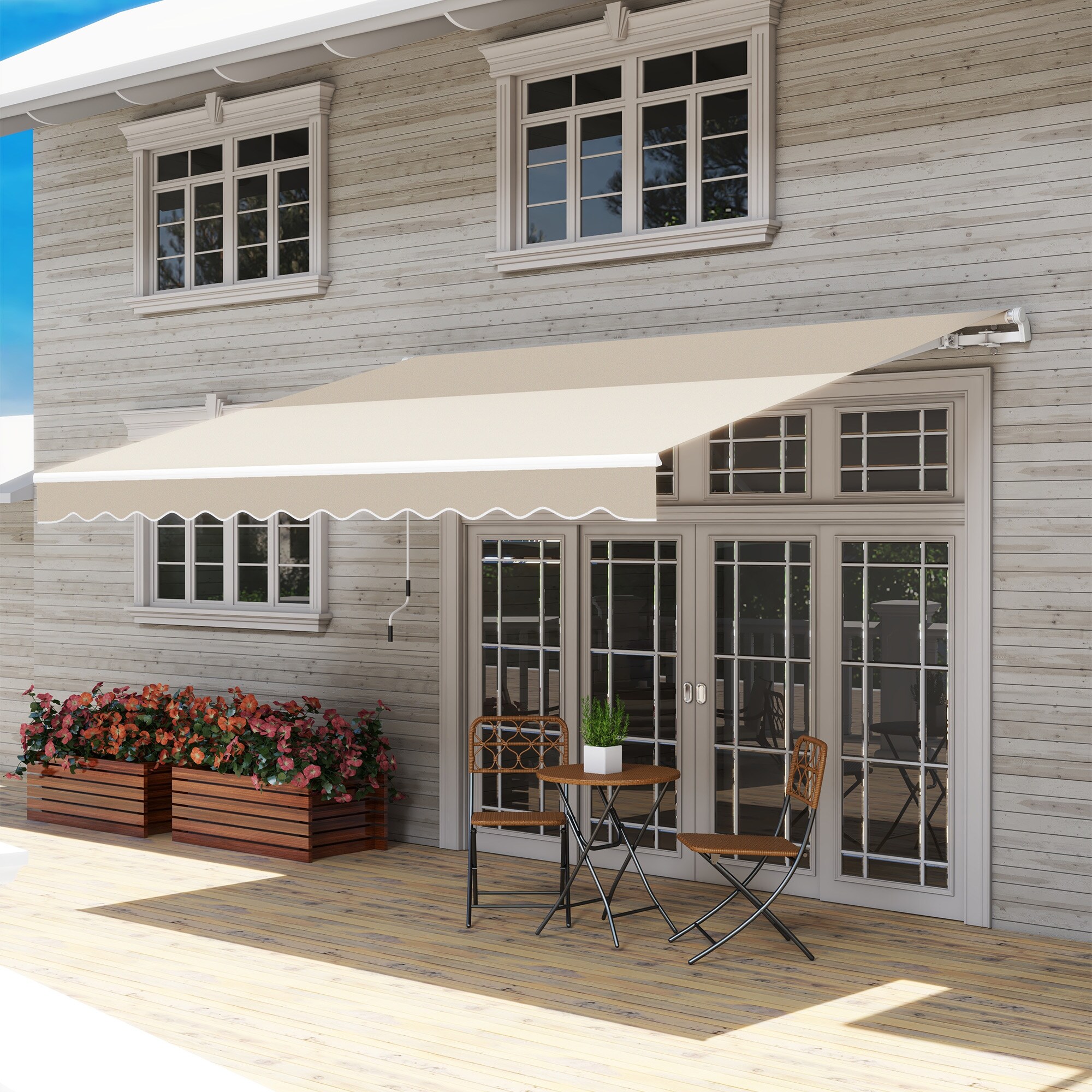 Outsunny 840-207CW 12' x 10' Manual Retractable Awning Outdoor Sunshade Shelter for Patio Balcony Yard with Adjustable  Versatile Design Cream White