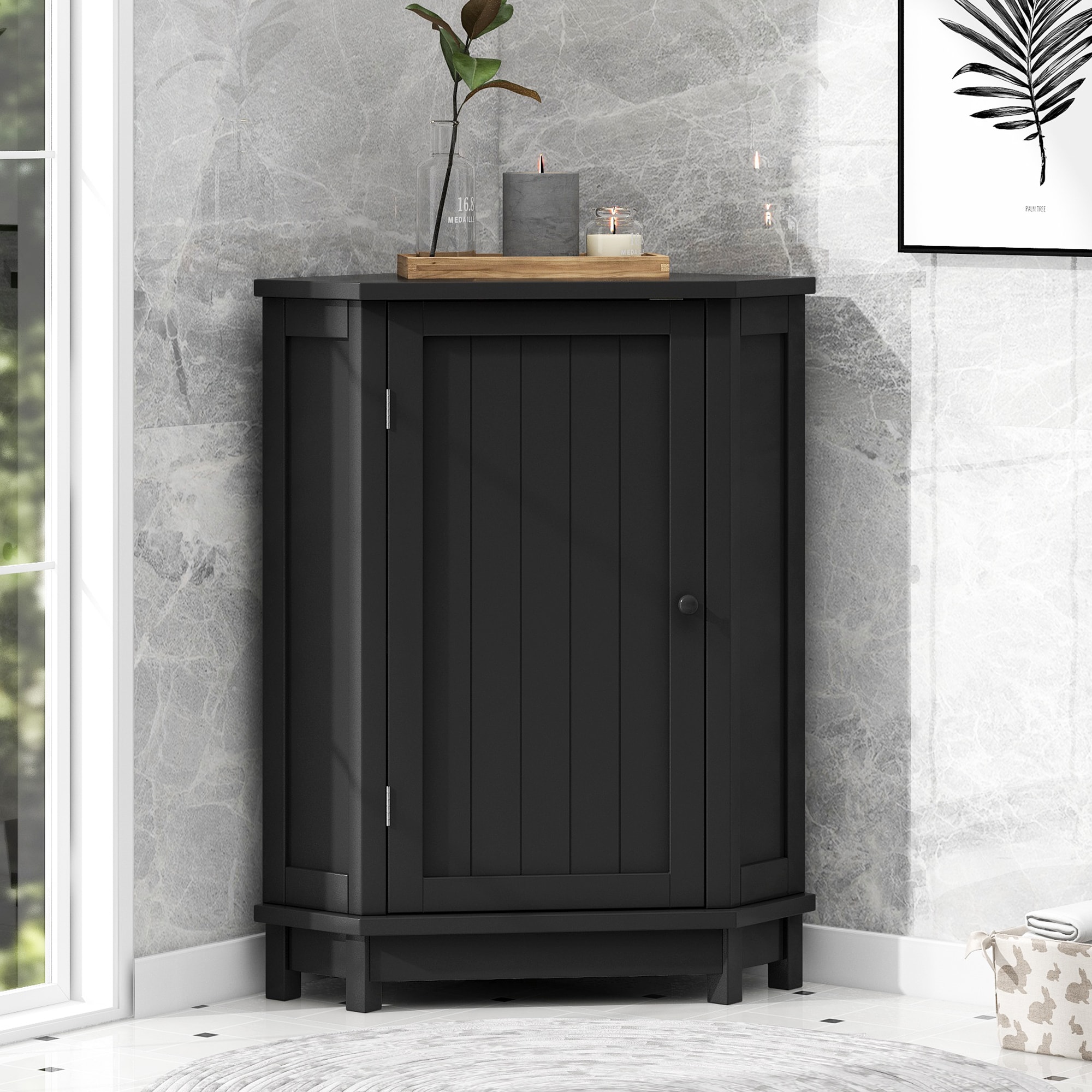 GDFStudio 329784 Black Bathroom Cabinet Triangle Corner Storage Cabinet with Adjustable Shelf Modern Style MDF Board