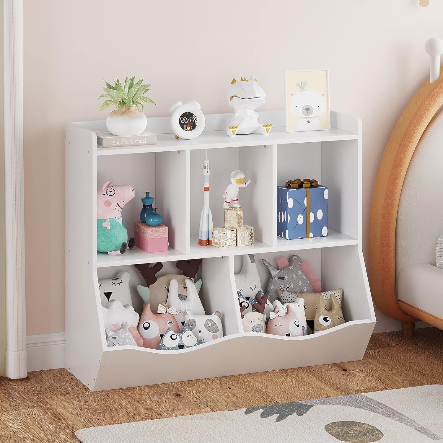 Qeetex 3 Tier Wooden Toy Storage Organizer and Kids Bookshelf 5 Section Book Rack Daycare Furniture Toddler Toy Cabinet for Kindergarten Nursery Playroom or Bedroom 36 inch L x 11.4 inch W x 31.5 inch H White