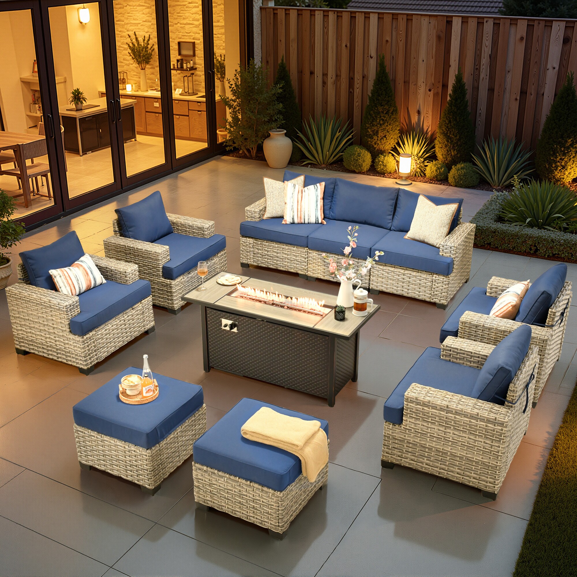 ALTRIGUS 6L-CFP8503-TBS710-AL 10 -Piece Wicker Patio Sofa Conversation Set with Navy Cushions