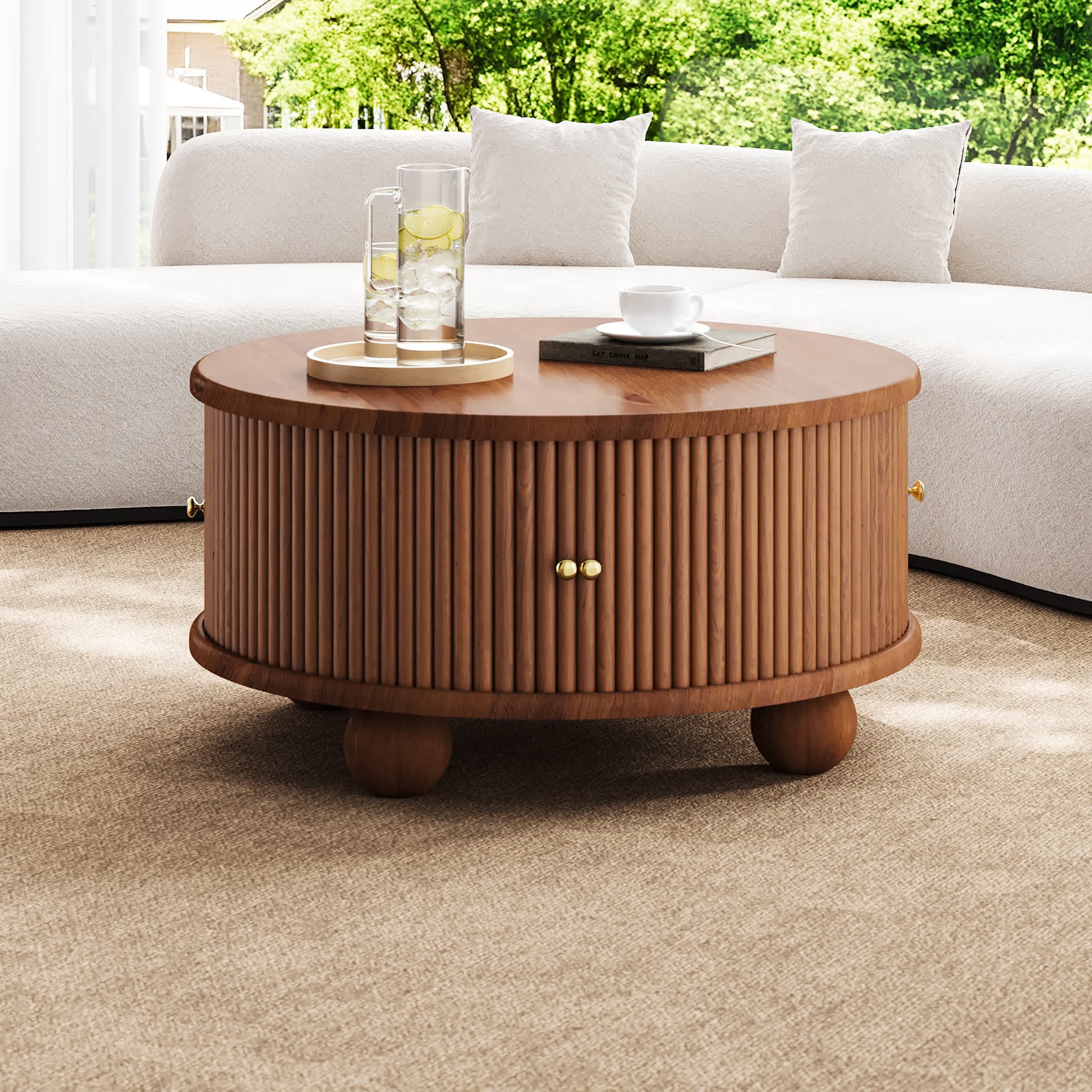 Vynxaria  32 Inch Round Fluted Coffee Table Walnut Pine Solid Wood with Sliding Door Hidden Storage for Living Room