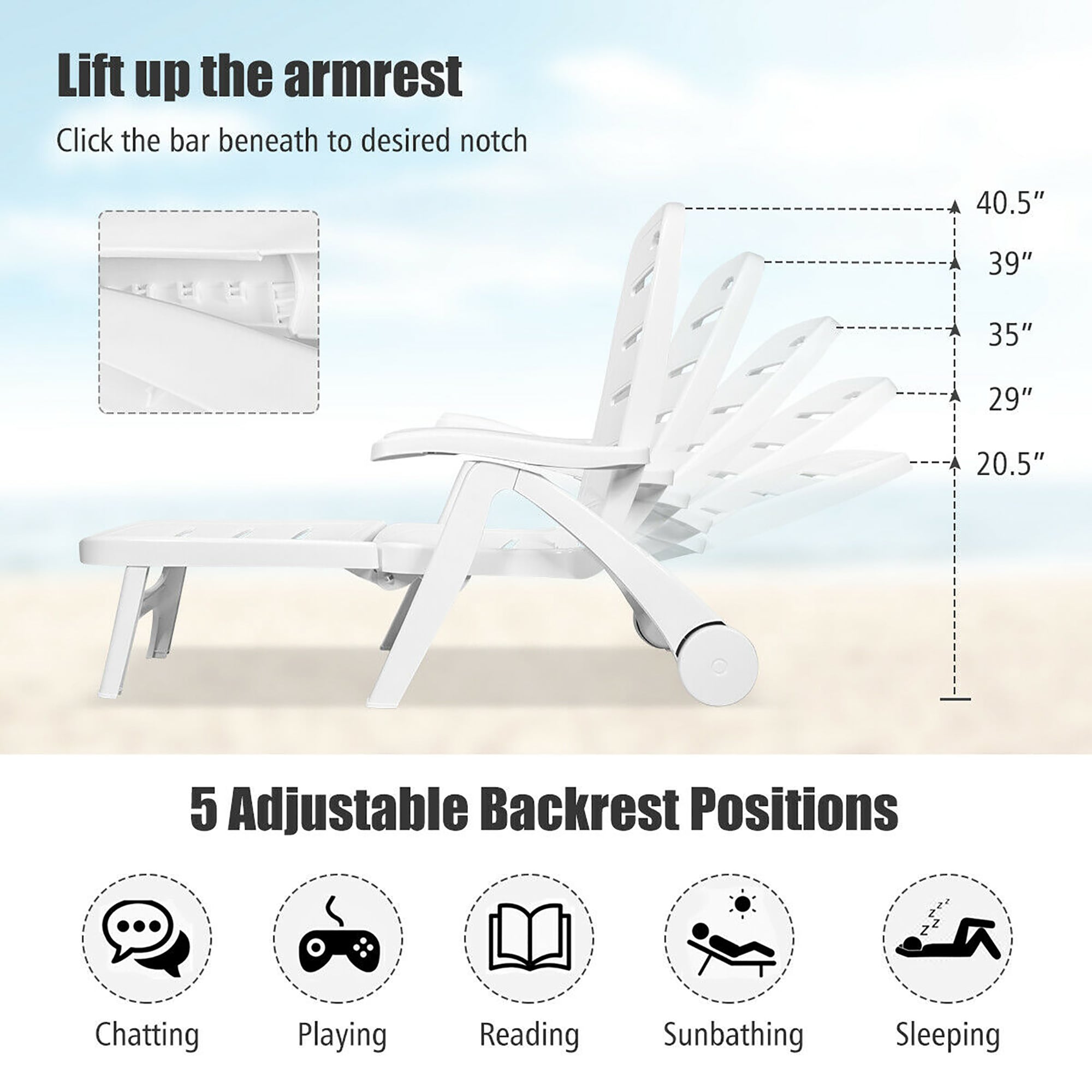 White Adjustable Folding Chaise Lounge Chair with Wheels