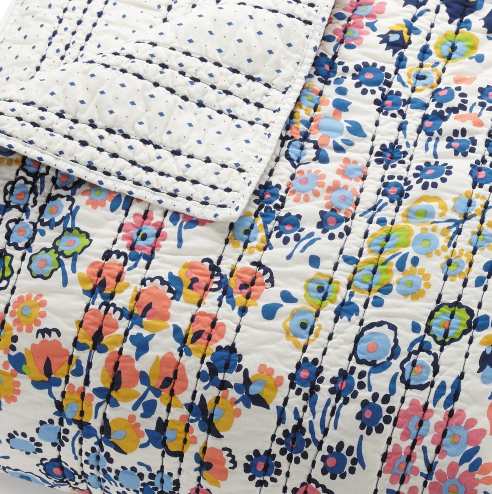 Blue Floral Cotton Twin Reversible Quilt Set