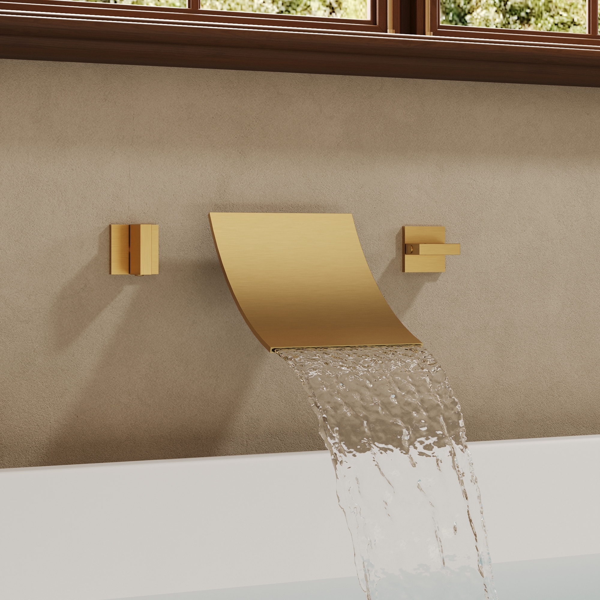 GRANDJOY - Brushed Gold Square Waterfall Bathtub Faucet Valve Included Wall-Mounted 2-handle Tub...