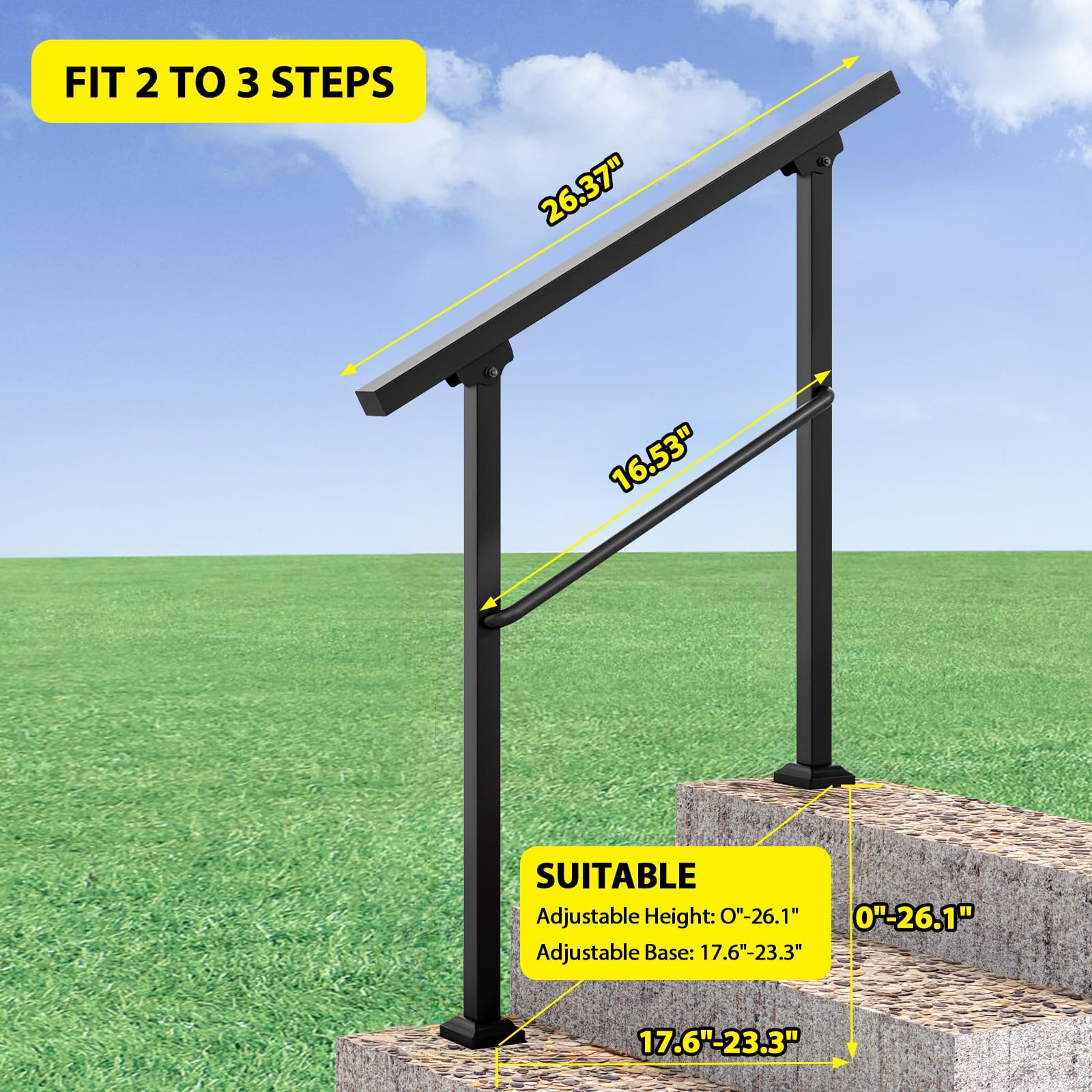 Etokfoks Adjustable Outdoor Handrail Kit 1 Piece Wrought Iron 2 to 3 ...