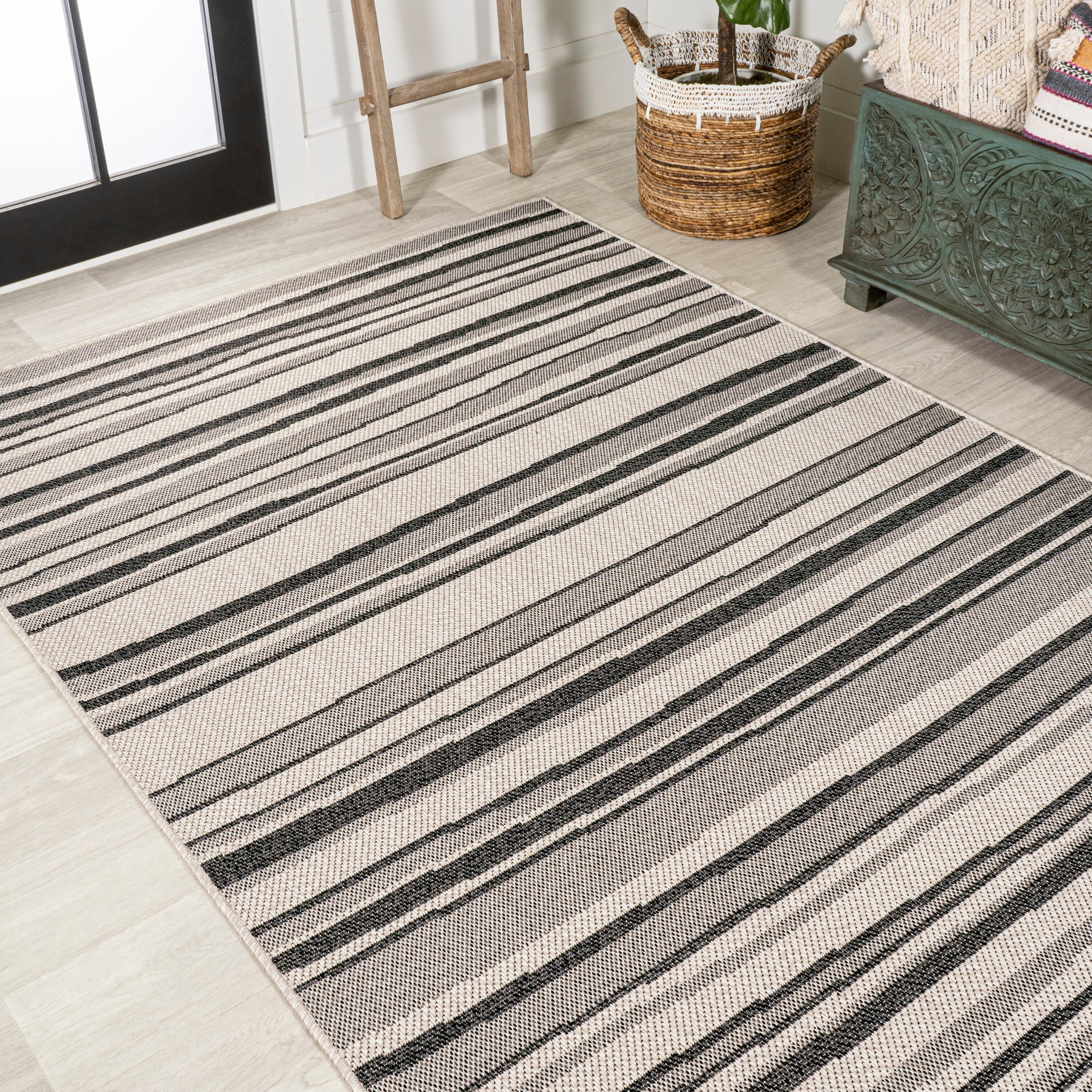 63" Gray Stripe Synthetic Rectangular Washable Rug