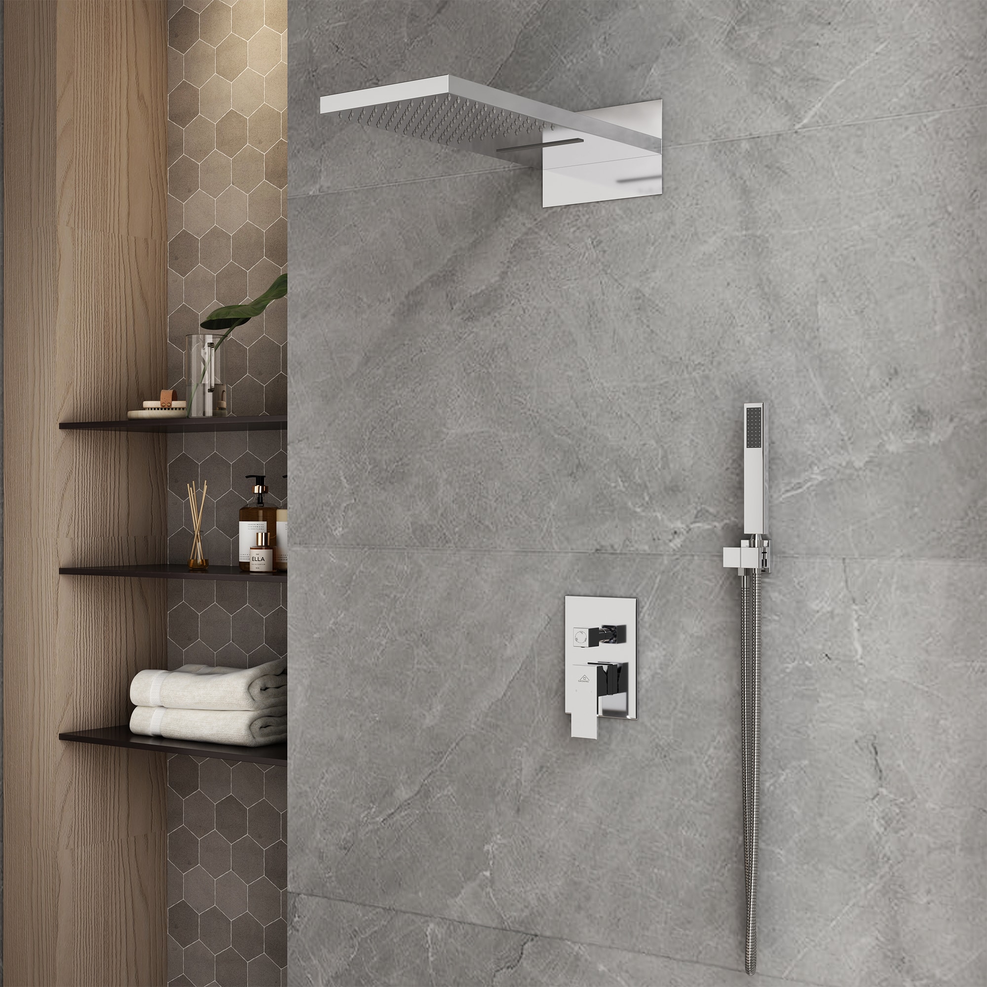 CASAINC M6630-A-22-CP Chrome 22-Inches Waterfall Built-In Shower Faucet System with 2-way Diverter ( Pressure-balanced Valve Included )