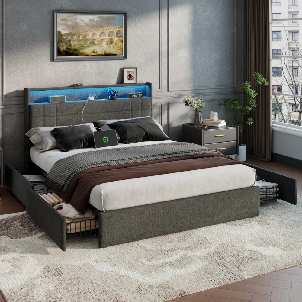 Furologee - Bed Frame with 4 Underbed Drawers Open Storage Headboard Upholstered Platform with Ad...