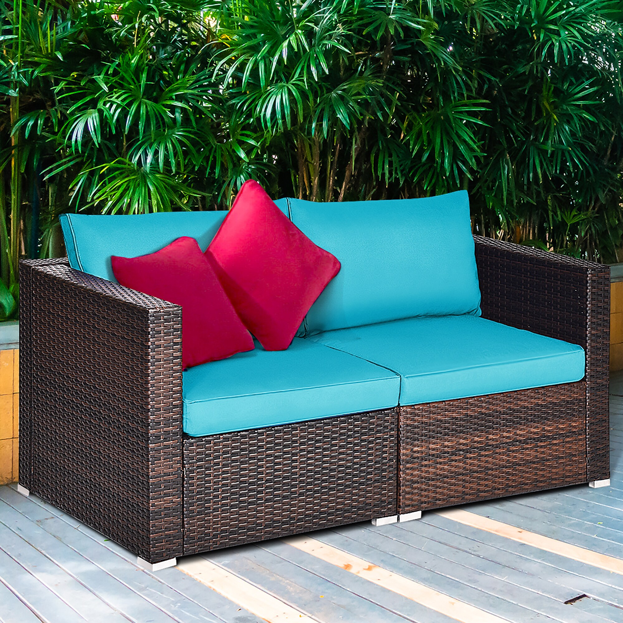 Goplus Rattan Outdoor Sectional with Blue Cushion(S) and Rattan Frame ...