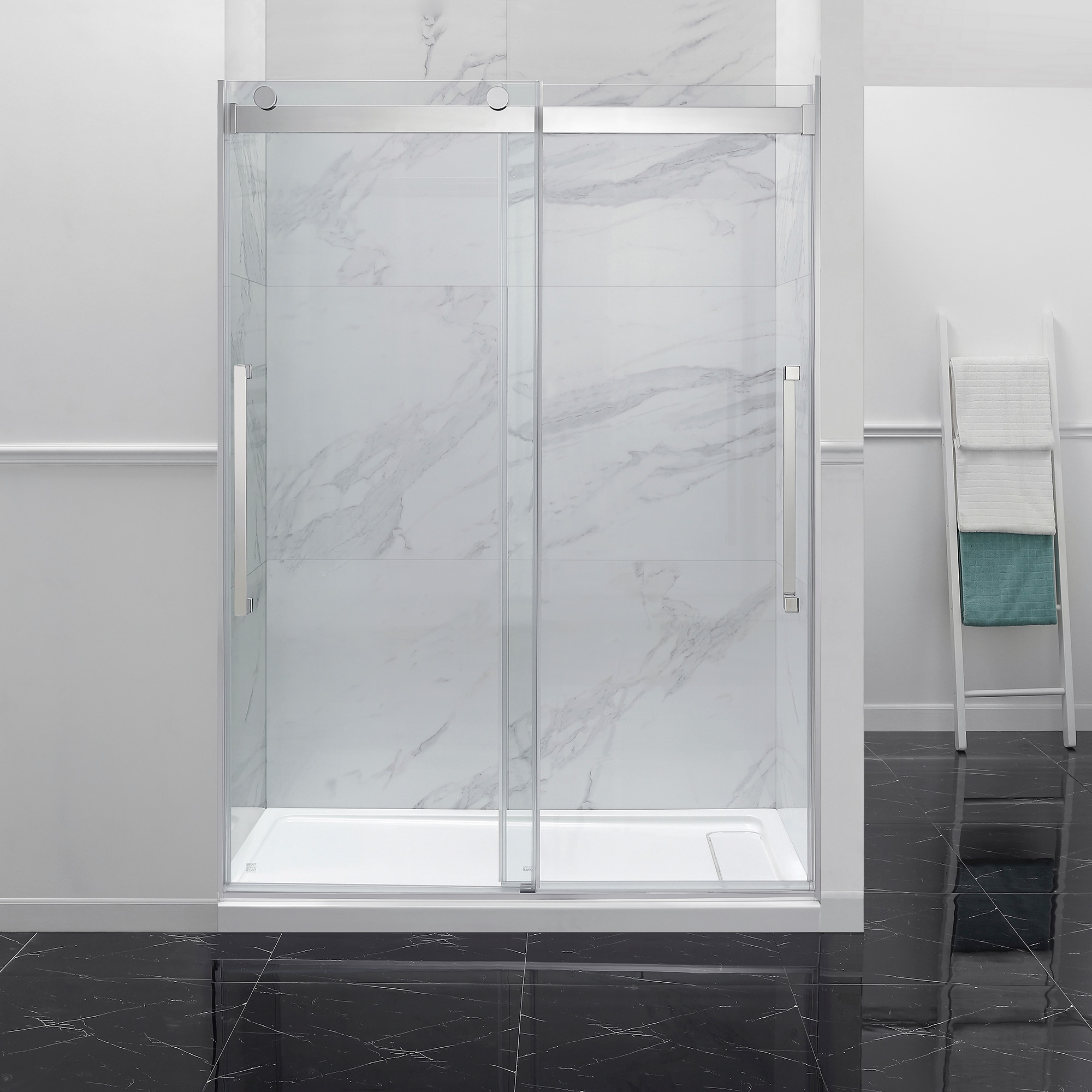 OVE Decors 15SKC-MON260-CHR Montebello 2-Piece 32-in W x 60-in L x 81-in H Rectangular Alcove Shower Kit (Corner Drain) with Base and Door Included Chrome Hardware Included