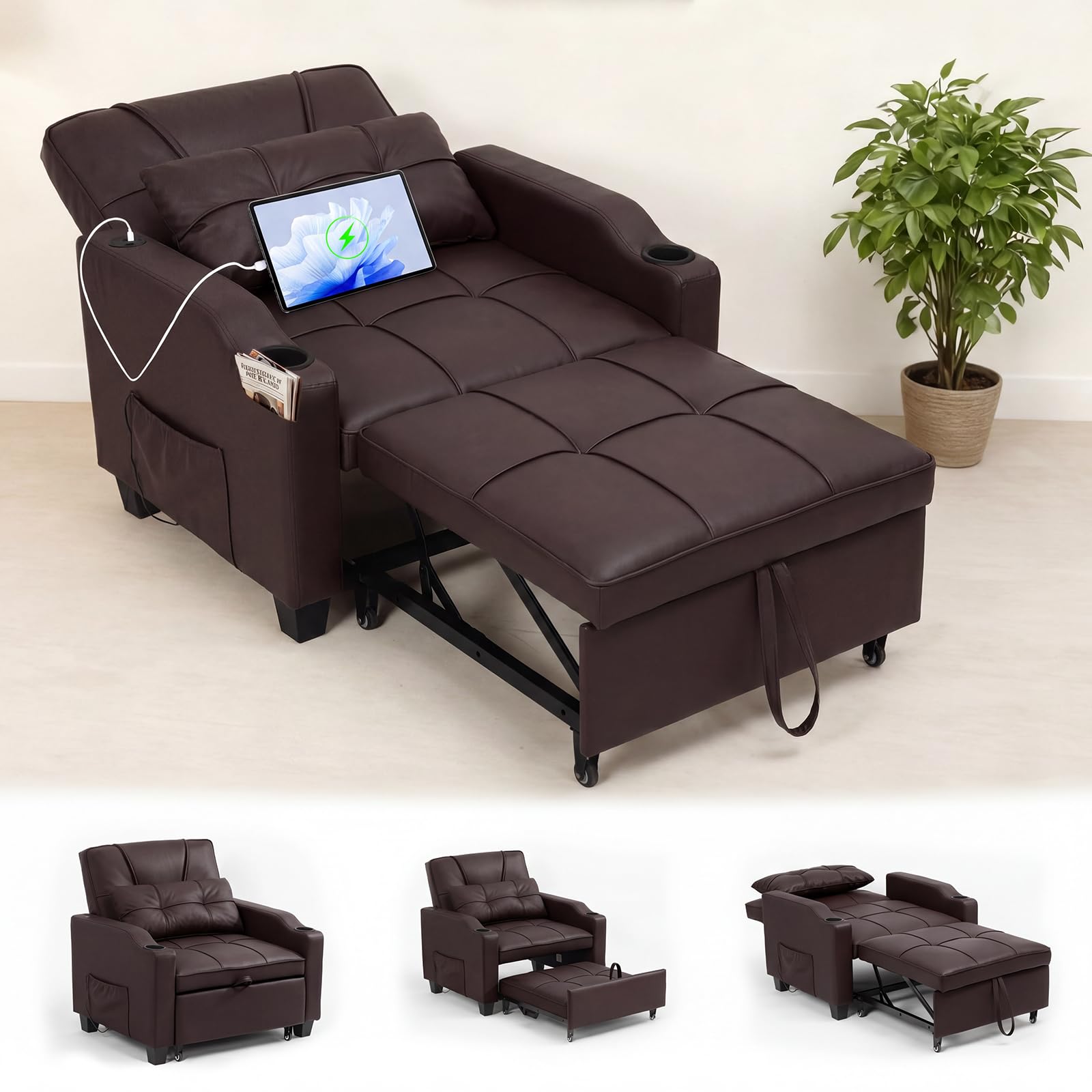 IdealHouse 3 in 1 Convertible Sleeper Chair Bed Pull Out Recliner Sofa for Adults Adjustable Backrest Vibration Massage Lumbar Pillow USB Type C Ports Cup Holder Side Pocket Vintage Brown