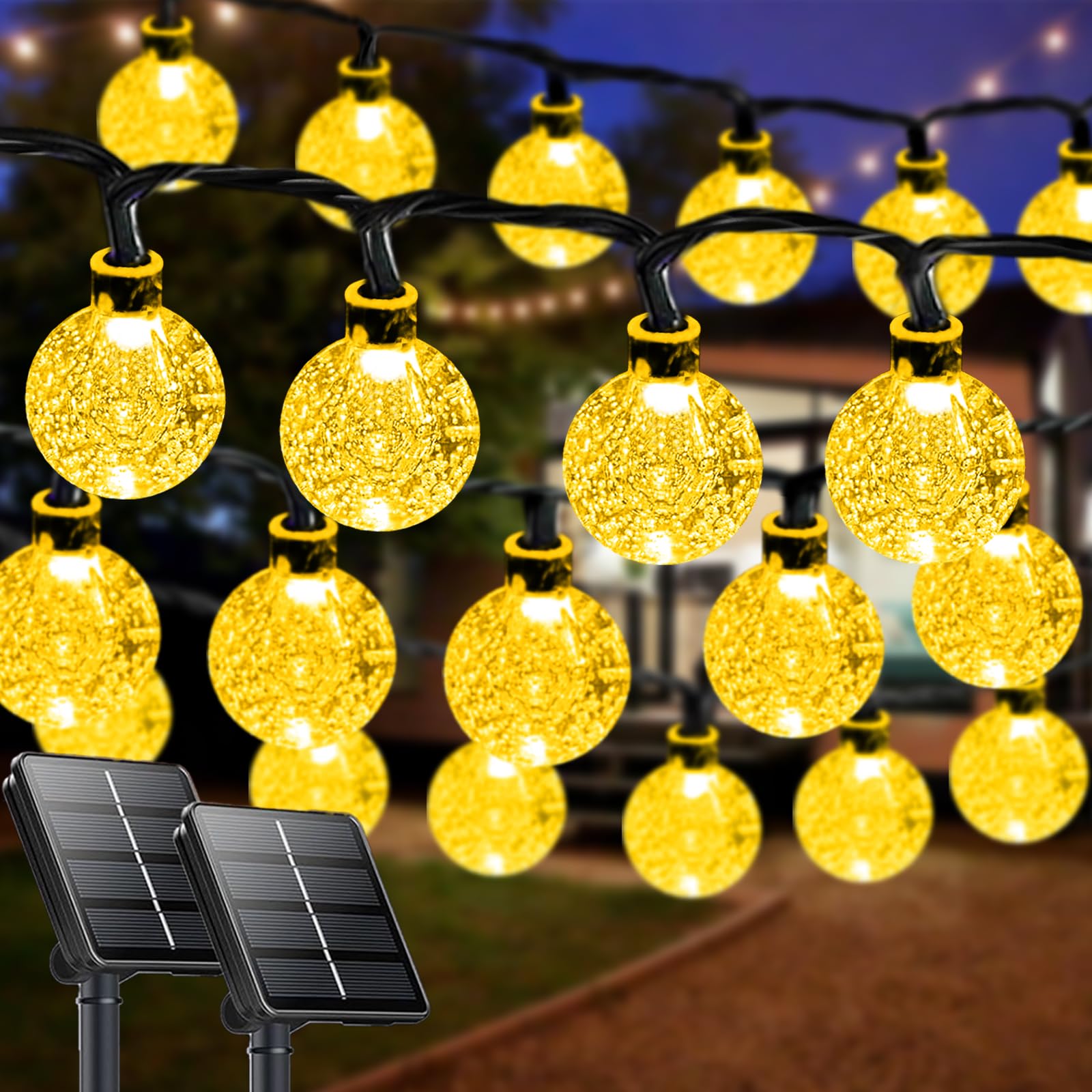 Afoxsos  2 pack 64 foot 100 LED solar globe string lights outdoor waterproof warm white eight modes for garden yard patio porch wedding holiday