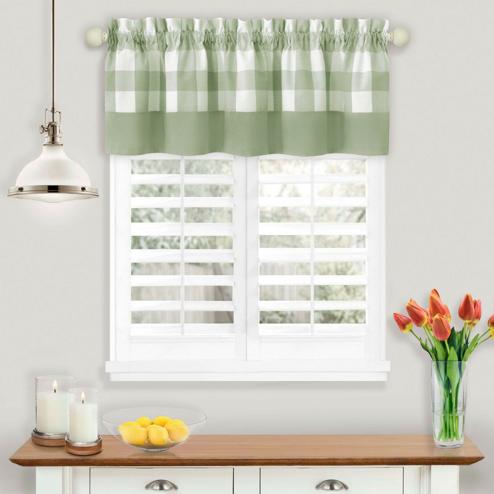 KATE AURORA Modern Farmhouse Buffalo Plaid Checkered Rod Pocket Window Valance Granny Apple Green