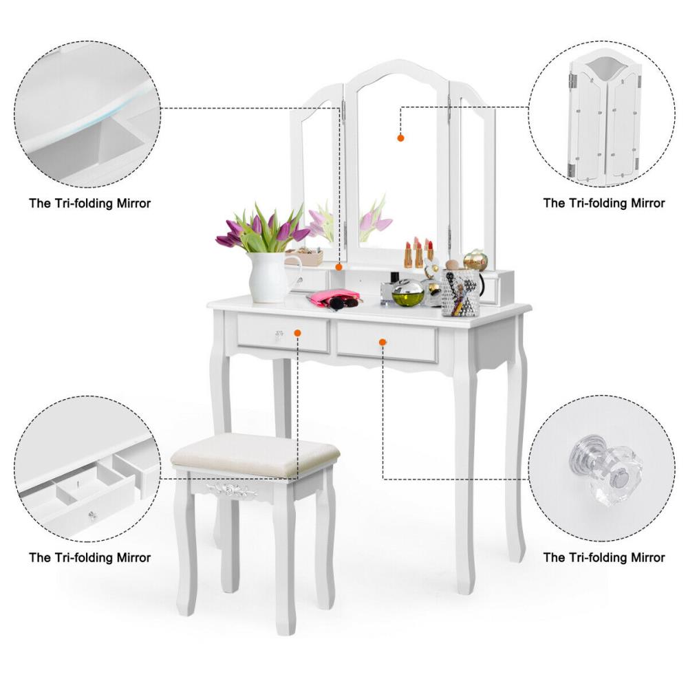 Goplus Casual White Makeup Vanity Set with Stool and 3 Mirrors