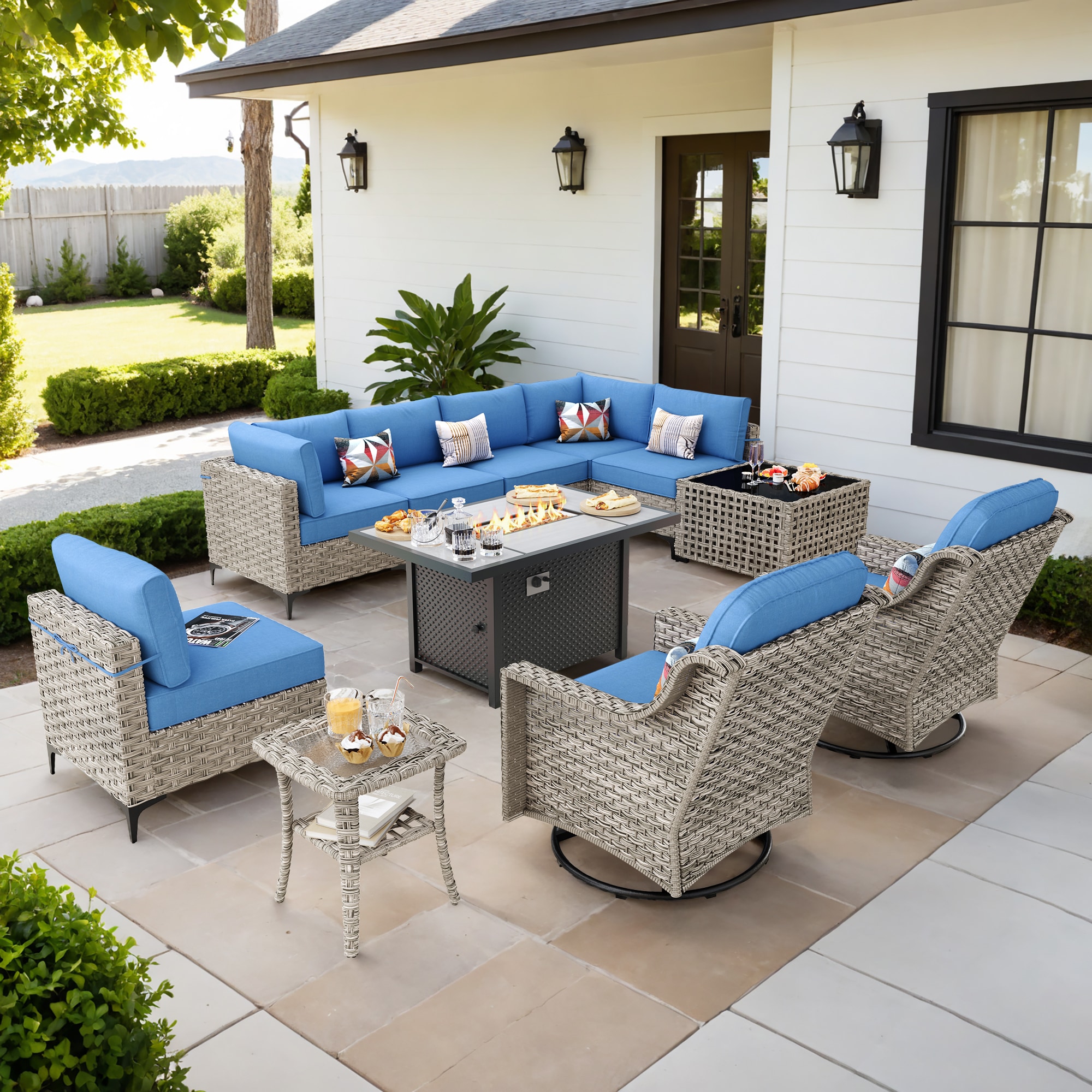 Pouuin DFPSKT500 Wicker Outdoor Sectional with Blue Cushions and Wicker Frame
