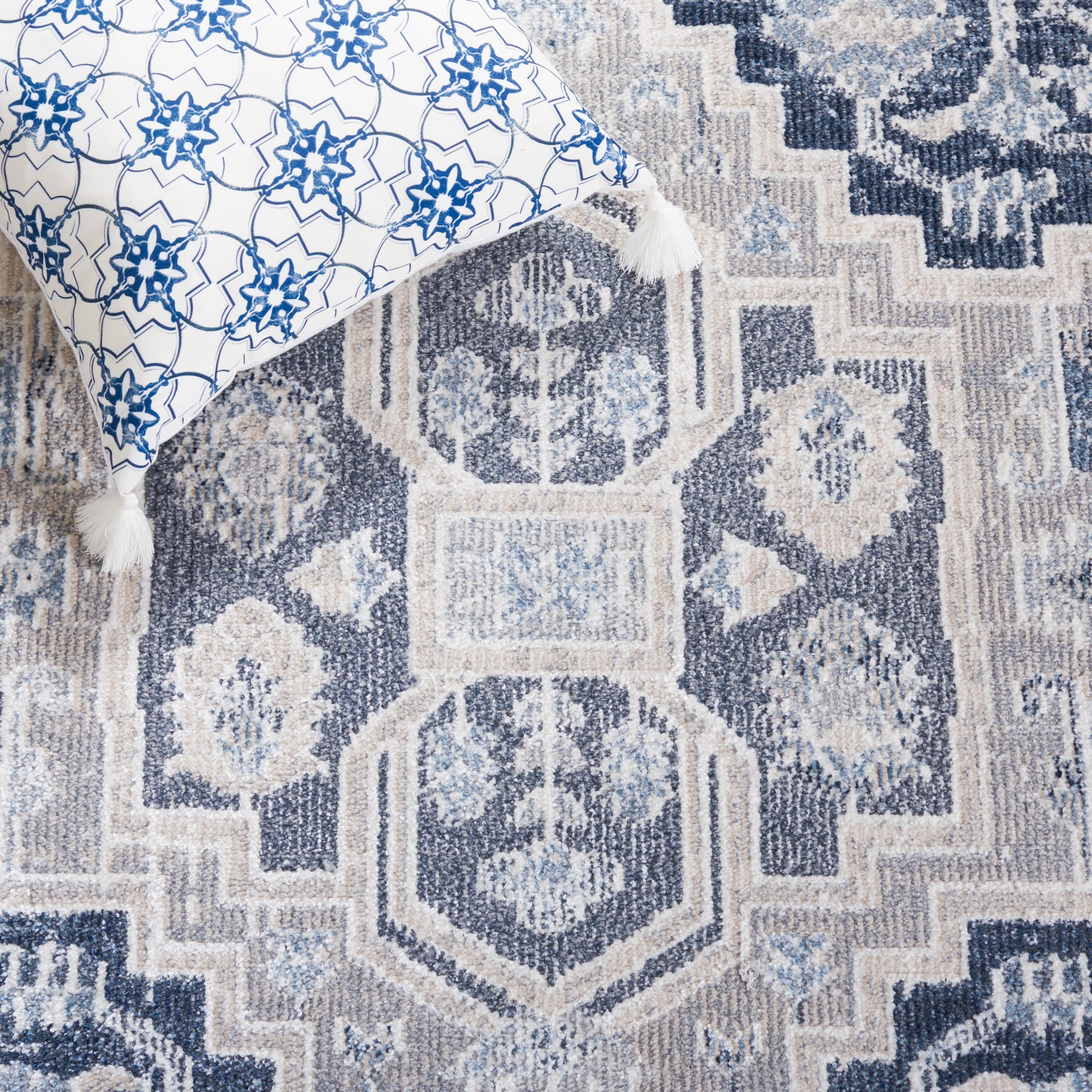 Beige and Navy Washable Synthetic Flat Woven Area Rug